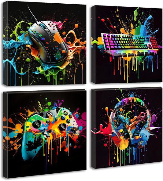 Gamer Room Decor for Boys - Game Wall Art Graffiti Gamepad Earphone Canvas Print Pictures Cool Video Gaming Poster Street Pop Men Cave Teen Bedroom Dorm Playroom Home Artwork Framed 12"X12"X4 Panels