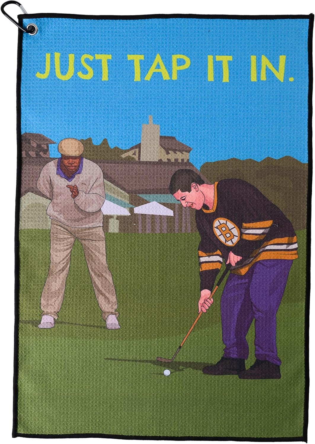 ZEETY Funny Golf Towel – 16" x 24" Premium Microfiber with Clip Holder for Golf Bags – Golf Accessories & Gifts for Men and Women (JUST TAP IT in)