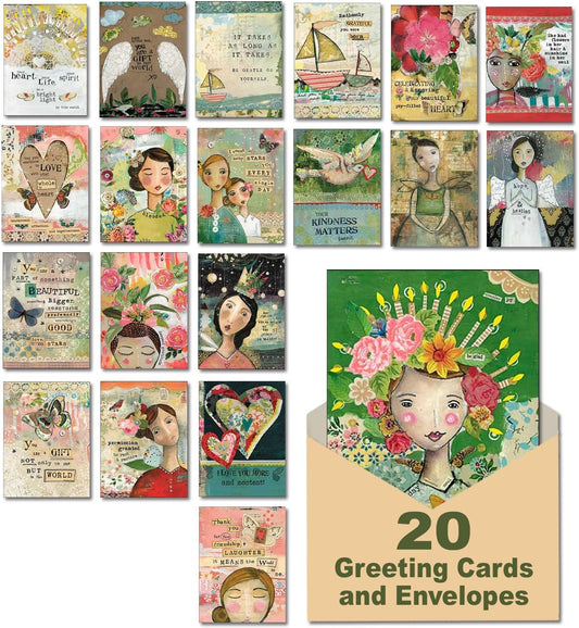 Leanin' Tree The Art of Kelly Rae Roberts - Made in USA - 20 All Occasion Cards Assortment Box with Envelopes, Greeting Cards Assortment Box, Includes Birthday, Thank You, Blank, Get Well, Sympathy