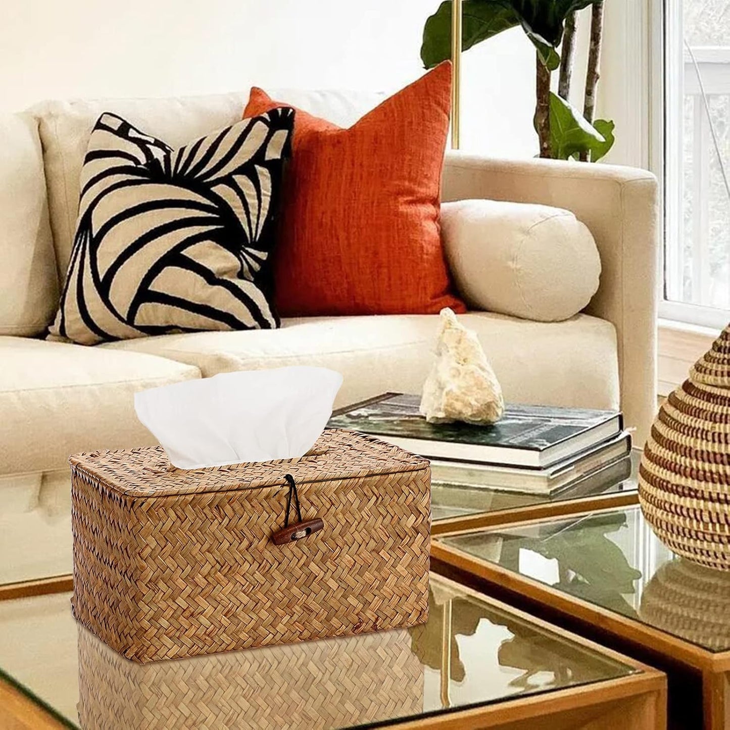 Sumnacon Tissue Box Cover Large Rectangle Tissue Box Seagrass Tissue Box Holder Woven Tissue Holder Decorative Tissue Cover for Bathroom Tissue Box Cover Rectangular for Home Office Table Coffee