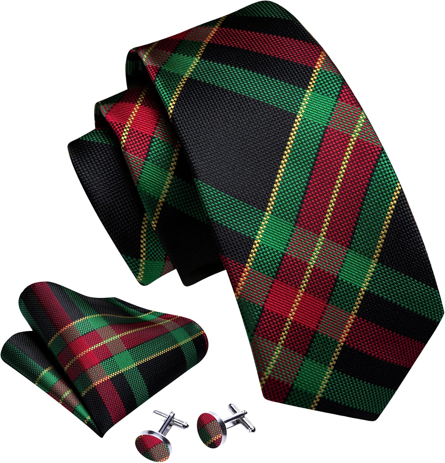 Barry.Wang Designer Classic Ties for Men Set Formal Pocket Square Cufflink Check Plaid