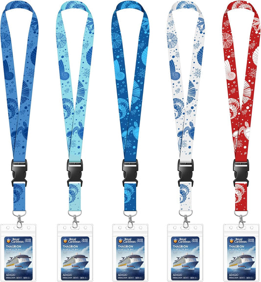 5 Pack Cruise Lanyards with Ocean Creature Design, Cruise Ship Lanyards with Waterproof ID Badge Holders for All Cruise Lines 2025, Mix