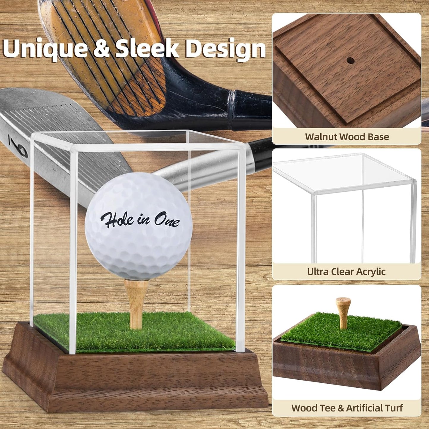 Golf Ball Display Case Hole in One Golf Ball Display Case Walnut Wood Base Acrylic Golf Ball Holder Display Uv Protection Golfball Stand,Golf Office Decor Gifts for Men