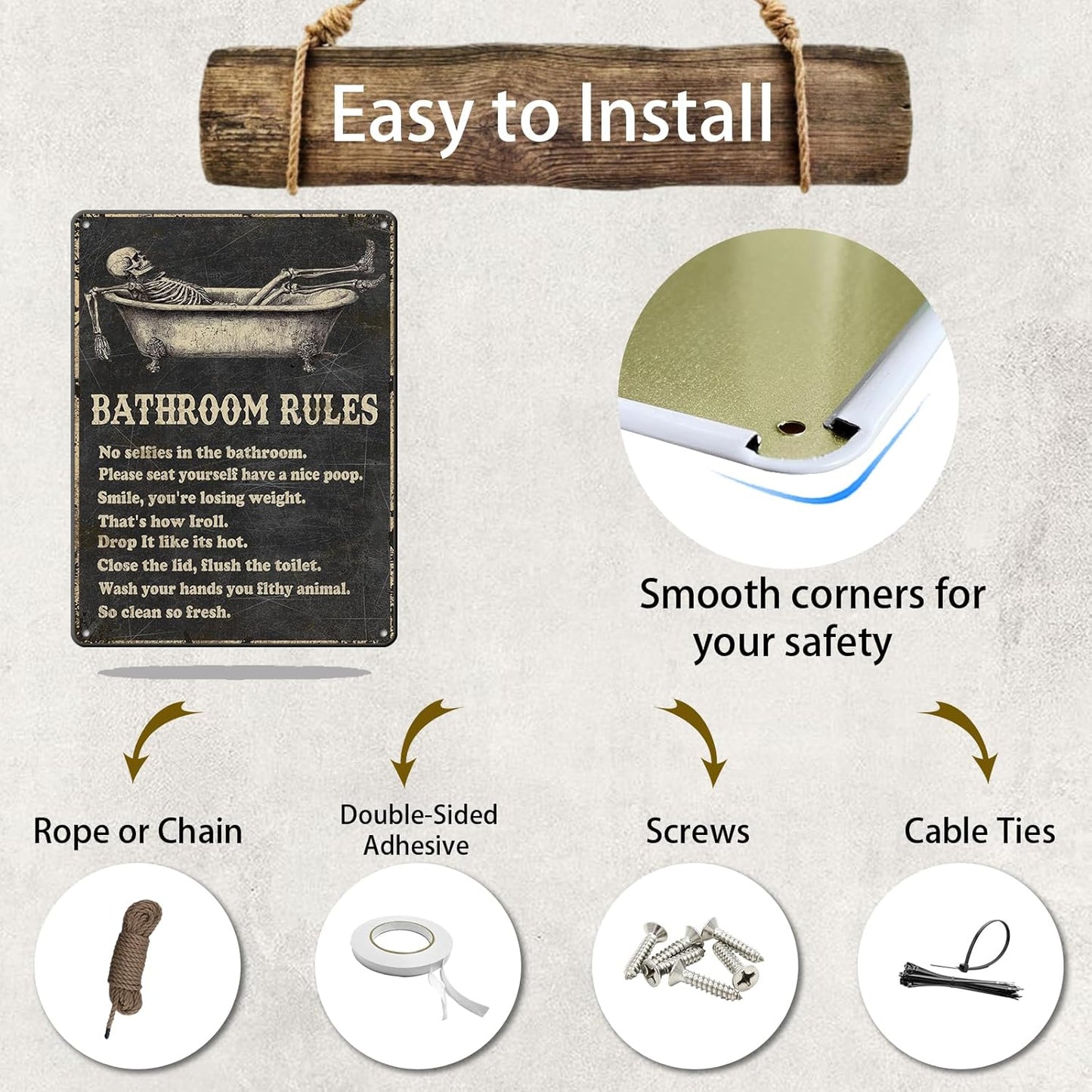 Funny Skull Bathroom Rules Metal Tin Sign Wall Decor - Vintage Bathroom Quote Tin Sign for Toilet Restroom Washroom Home Decor 12x16 Inch