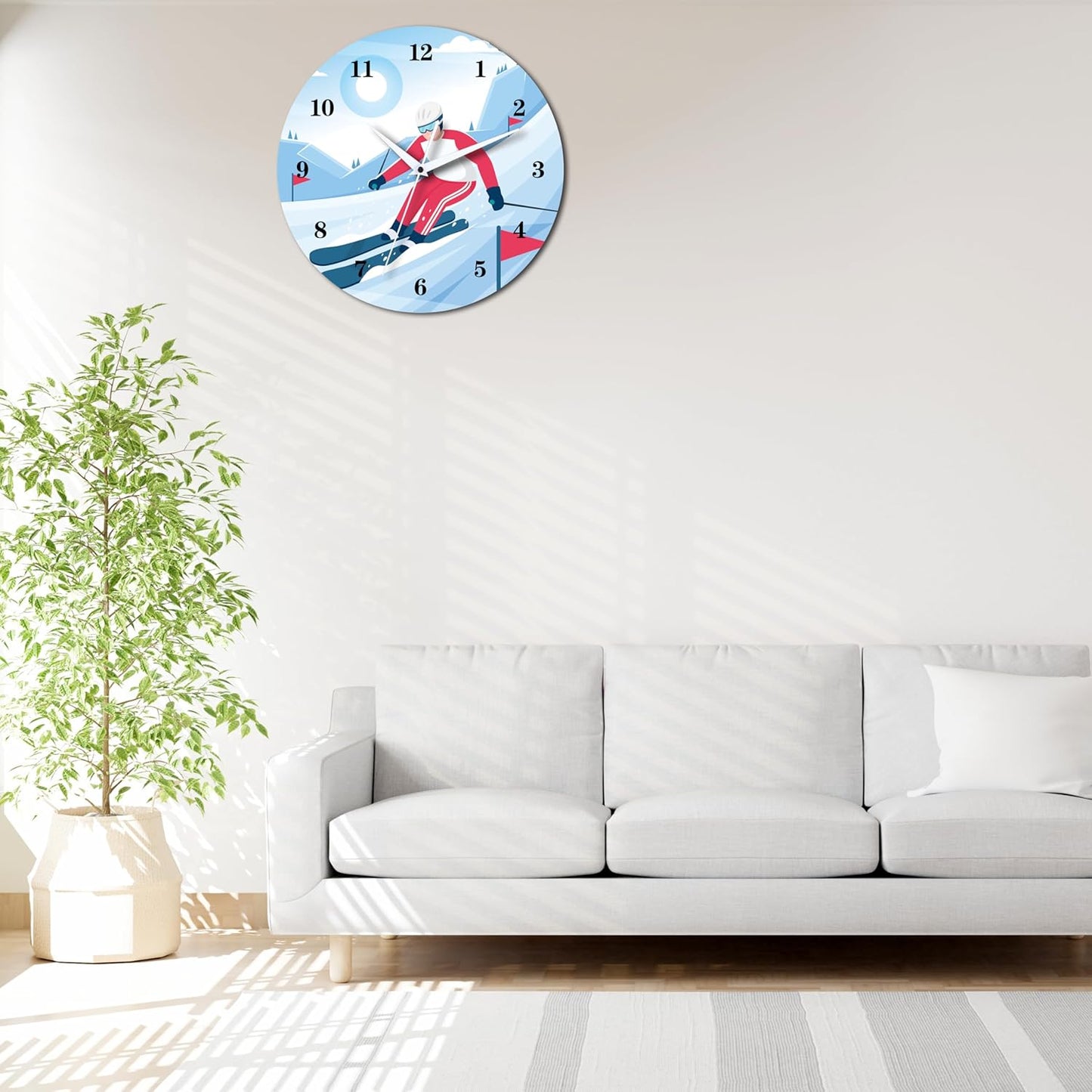 12 Inch Sports Wall Clocks with Silent Clock Movement and Battery Operated, Great Decor for Bedroom, Living Room or Classroom (Skiing Wall Clock)
