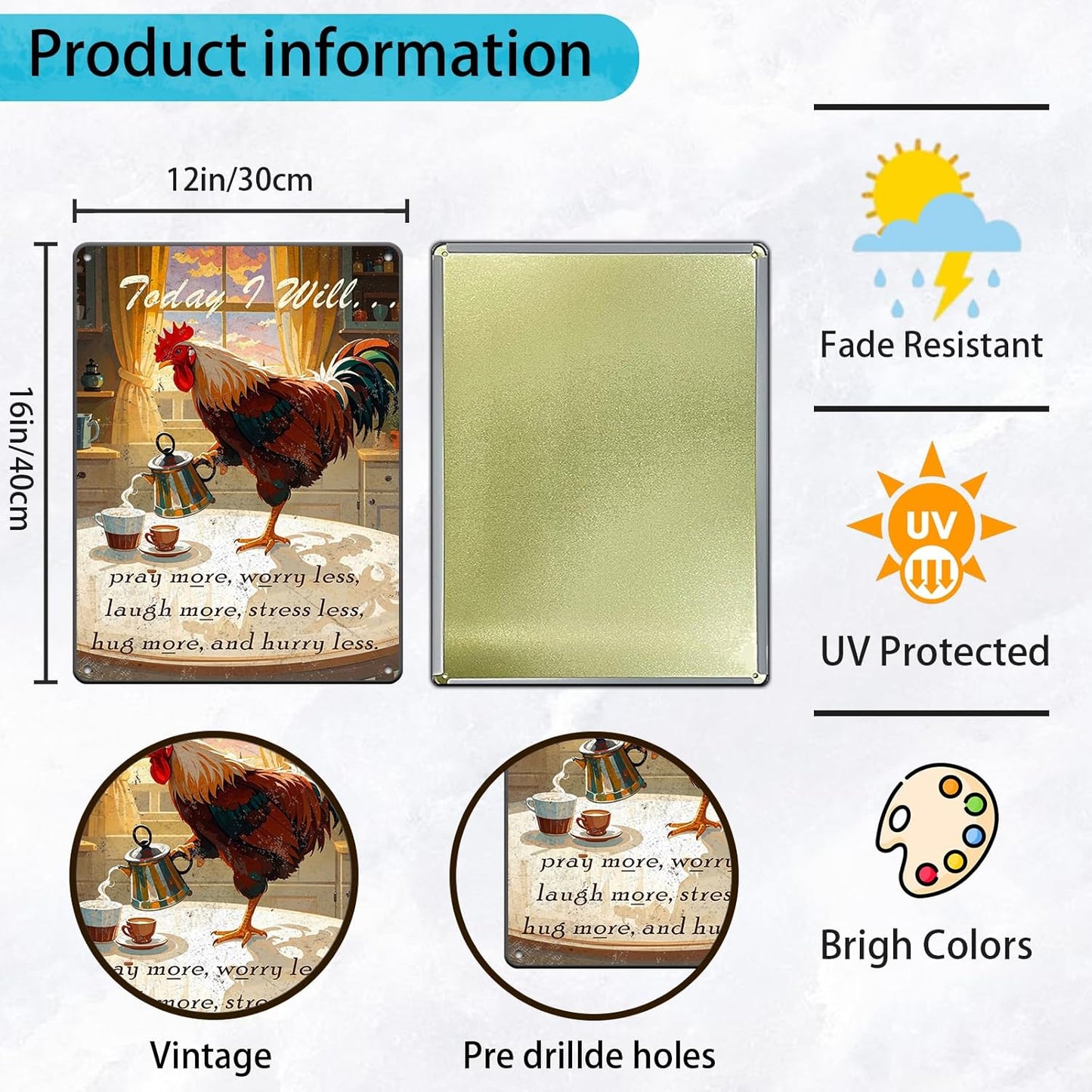 Chicken Sign Rooster Kitchen Decor Today I Will Pry More Worry Less Metal Sign Poster 12x16 Inch Home Kitchen Offce Cafe Coffee Are Farm Wall Decor