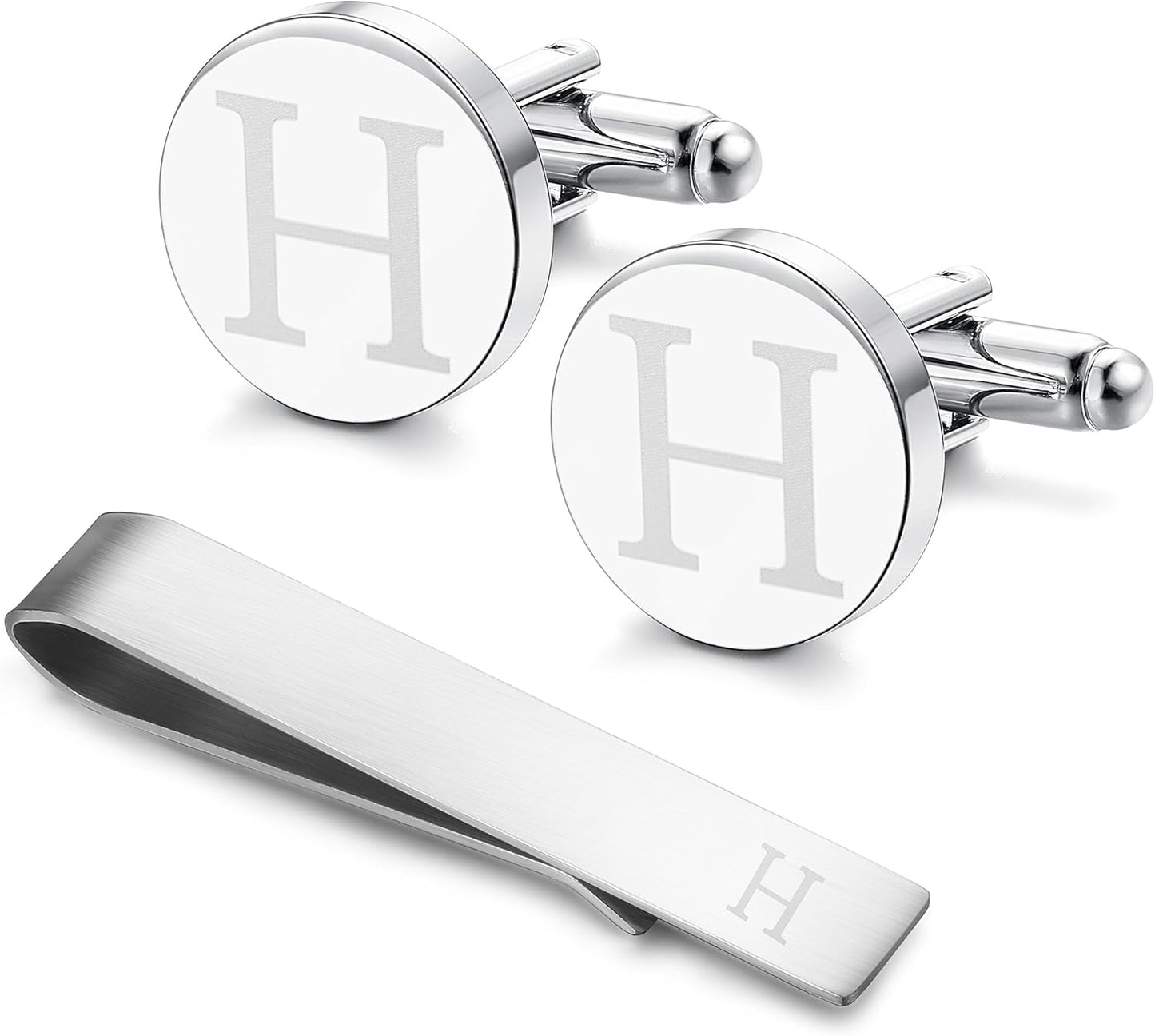 LOYALLOOK Stainless Steel Engraved Initial Cufflinks and Tie Clip Bar Set Alphabet Letter With Gift Box A-Z