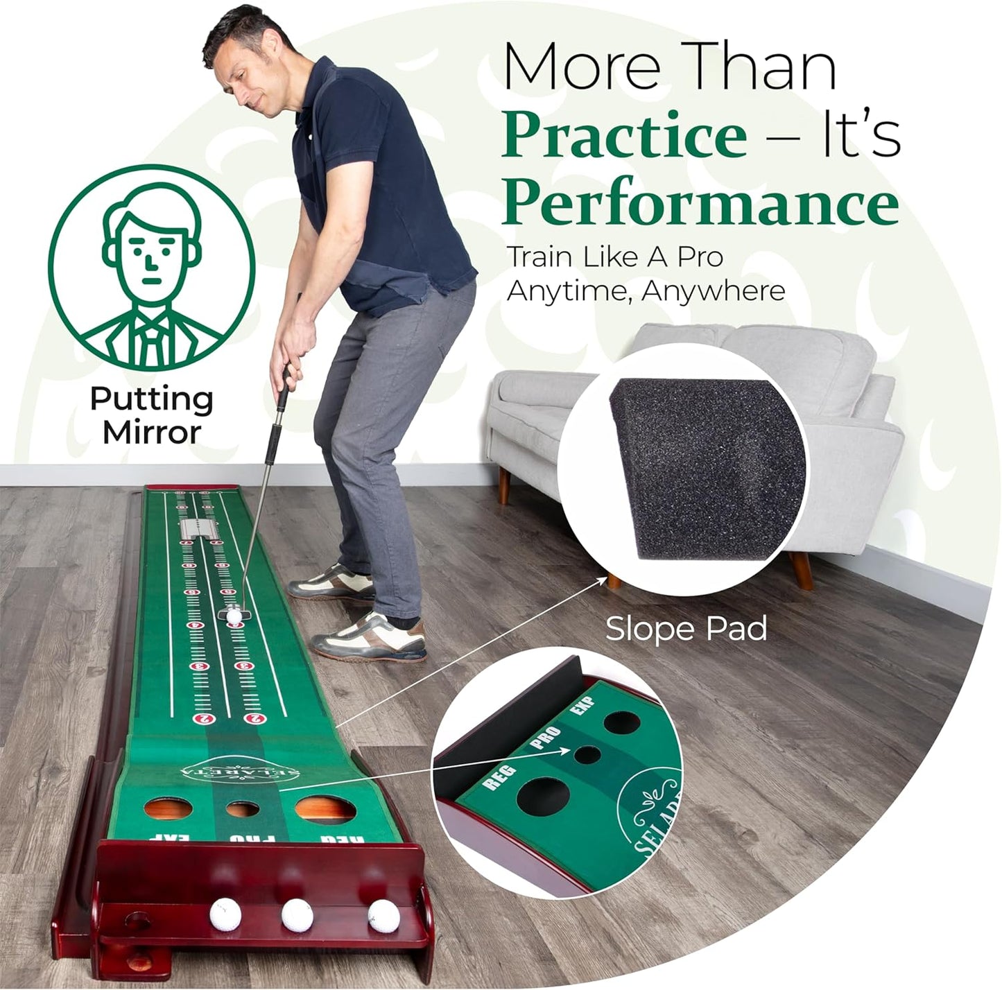 Indoor Putting Green- 10 ft. 3 Holes Professional Golf Mat with Auto Ball Return, Non-Slip Base,Mirror and 4 Slopes. for Home, Office, or Backyard – Golf Gift Training Aid for Beginners and Adults