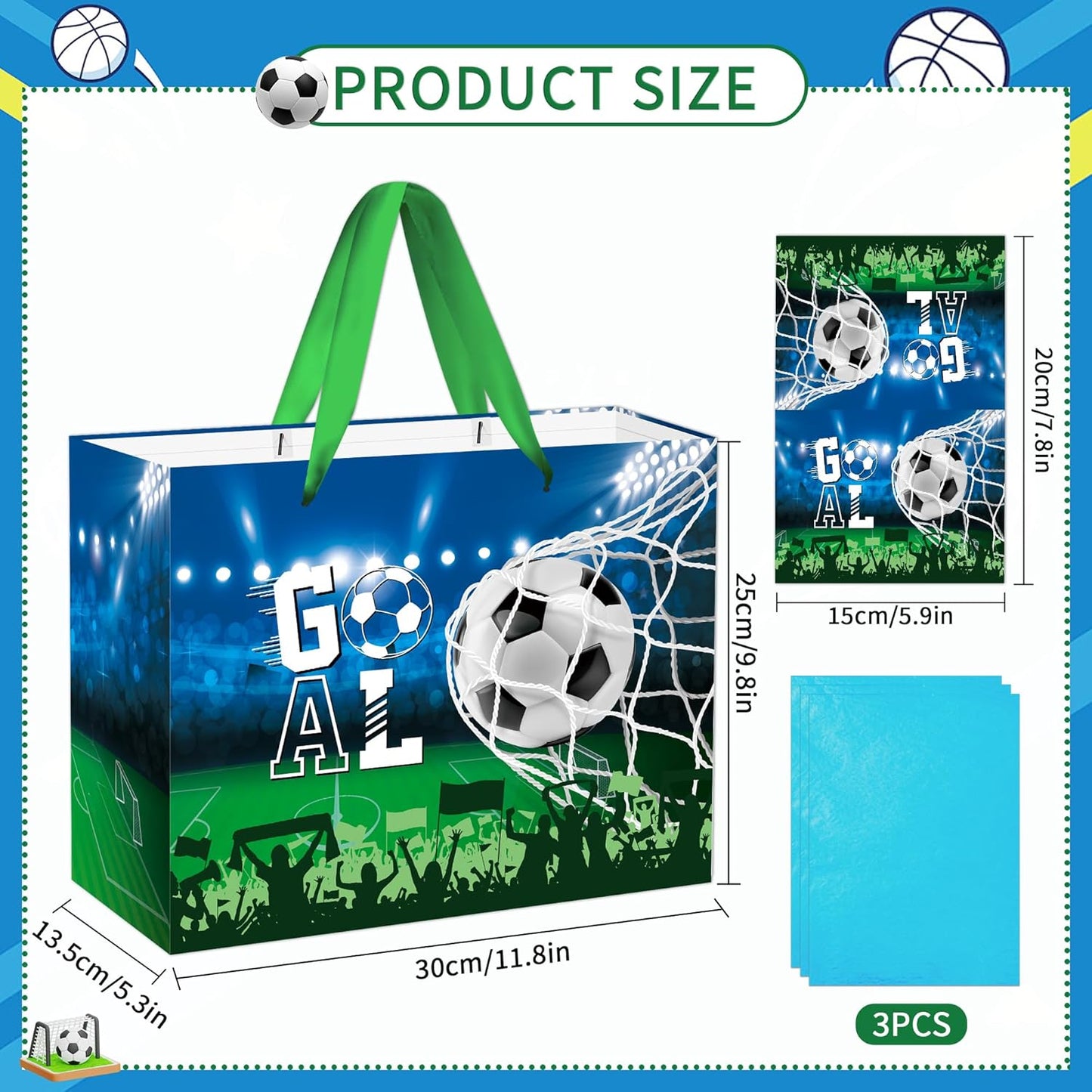 EoBeCy Large Soccer Gift Bag: Goal Wrapping Paper Gift Bags with Handles, Tissue Paper and Greeting Card, Reusable Birthday Gifts for Boys Kids Teens Men Team Sports Party Favor Bags