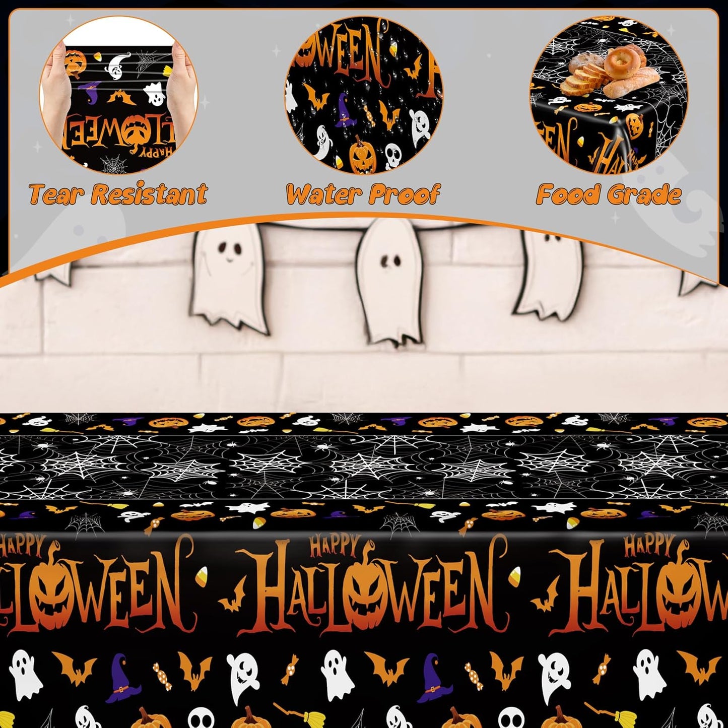 QZYL 4 Pack Halloween Tablecloth, 54" x 108" Halloween Decorations, Pumpkin Design Disposable Tablecover Plastic Table Cloth, Spider Webs Decorations Party Supplies Tableware Indoor