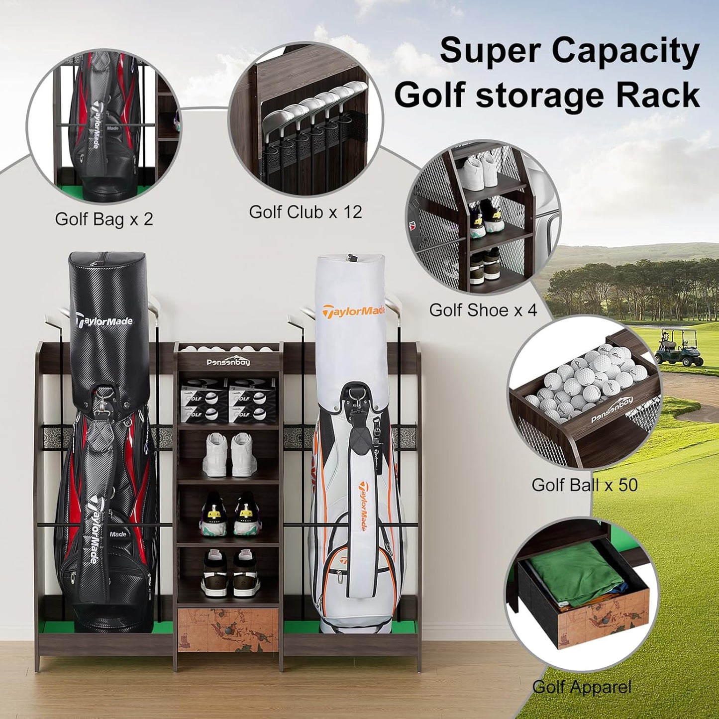 Golf Bag Storage Organizer for Garage, Premium Wooden 2 Golf Bags Rack with Drawer, Easy Assemble Golf Club Stand/Holder Suitable for Garage Home Simulator and Office