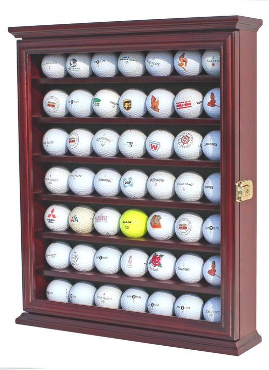 DisplayGifts 49 Golf Ball Display Case Cabinet Wall Rack Holder Solid Wood Frame with 98% UV Protection Lockable Real Glass Door, Great Golfer's Gift
