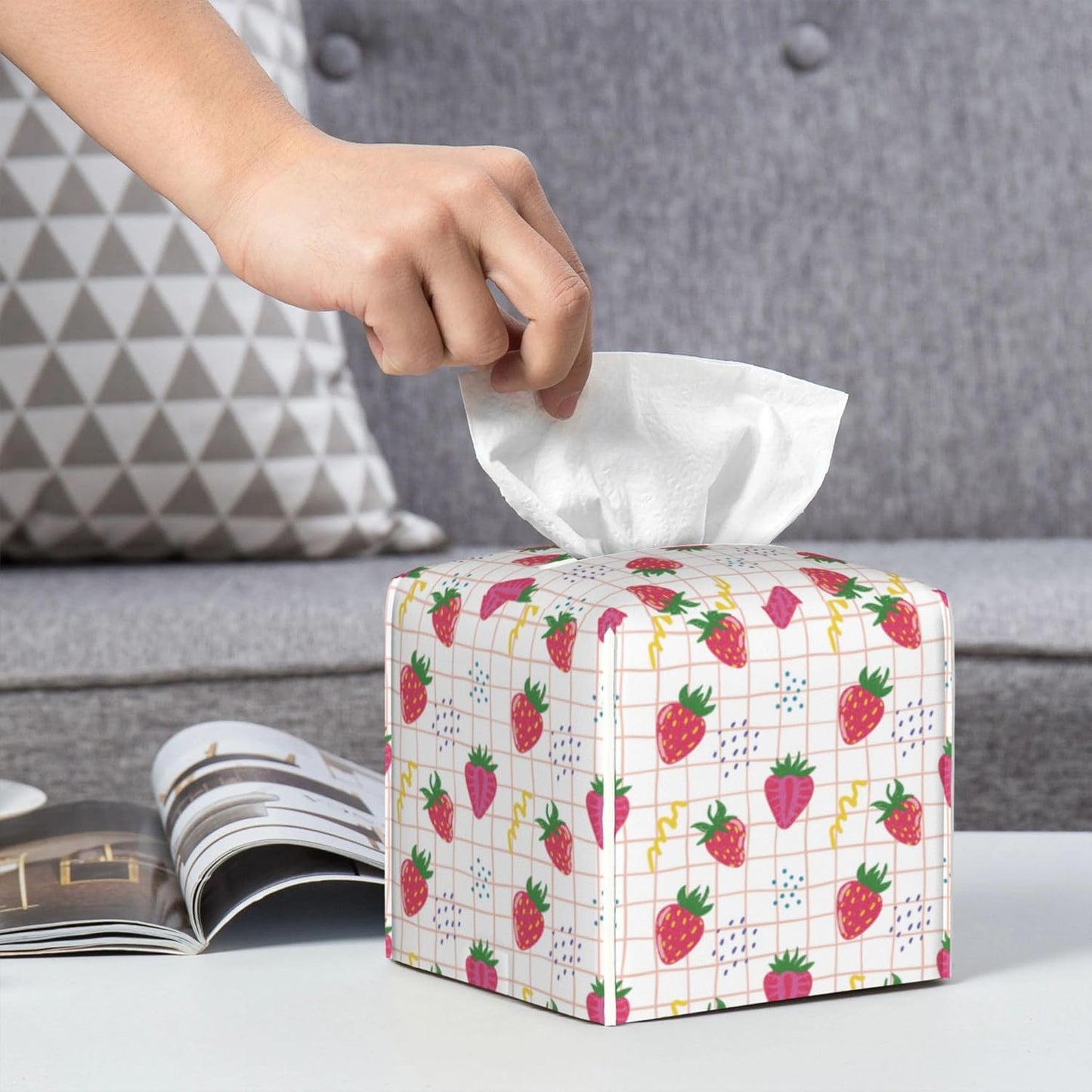 Cute Pink Strawberries Tissue Box Cover Square,Cartoon Strawberry Fruits Tissue Box Holder Waterproof Leather Facial Paper Organizer Dispenser for Bathroom Home Car Nightstand Vanity Desk