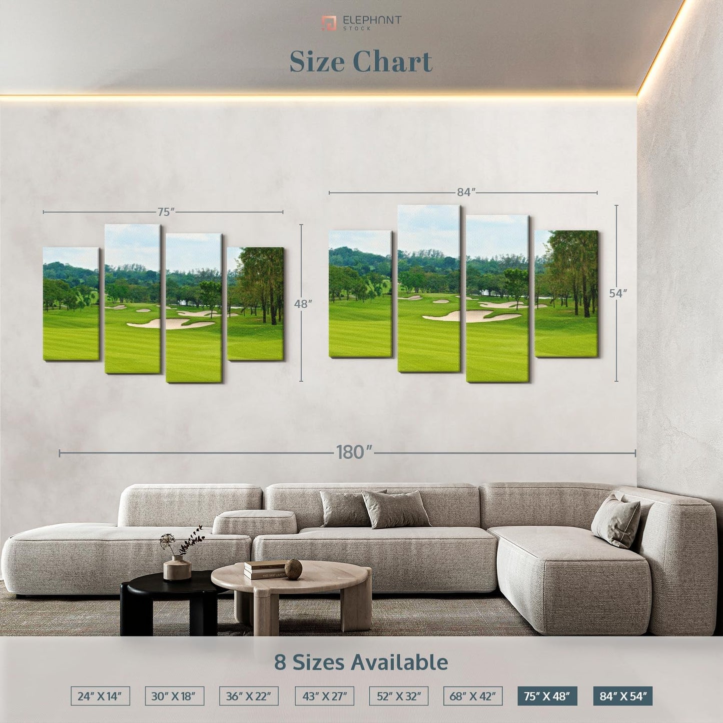 Elephant Stock Beautiful Golf Course Wall Art - Horizontal Canvas - 4-Piece Living Room Wall Decor - Tree Photography Canvas Print - Green and Blue Decor for Wall - 75" X 48"