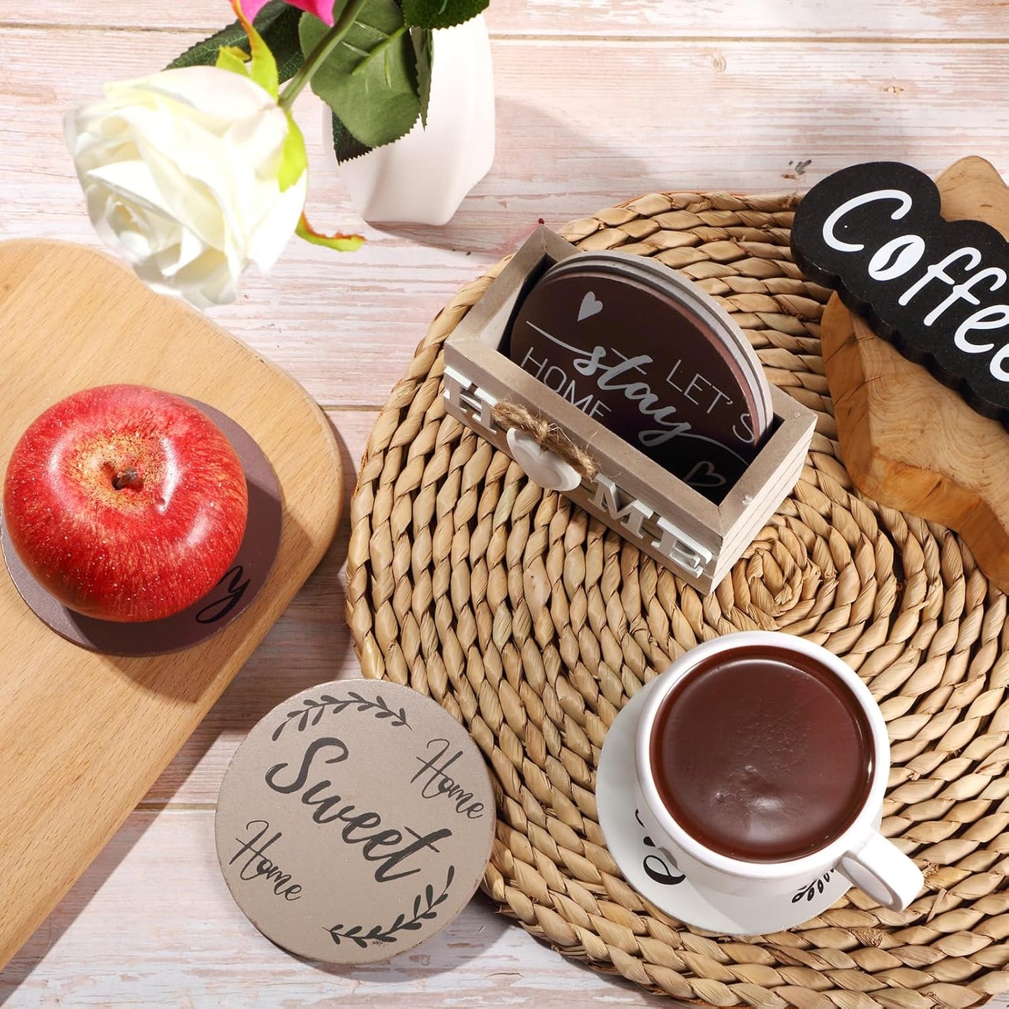 Queekay Housewarming Gifts for Home Decoration Wooden Heart Coasters for Drinks 6 Set Farmhouse Coasters with Holder Funny for Family Coffee Table Protection, 4''(Light Brown)