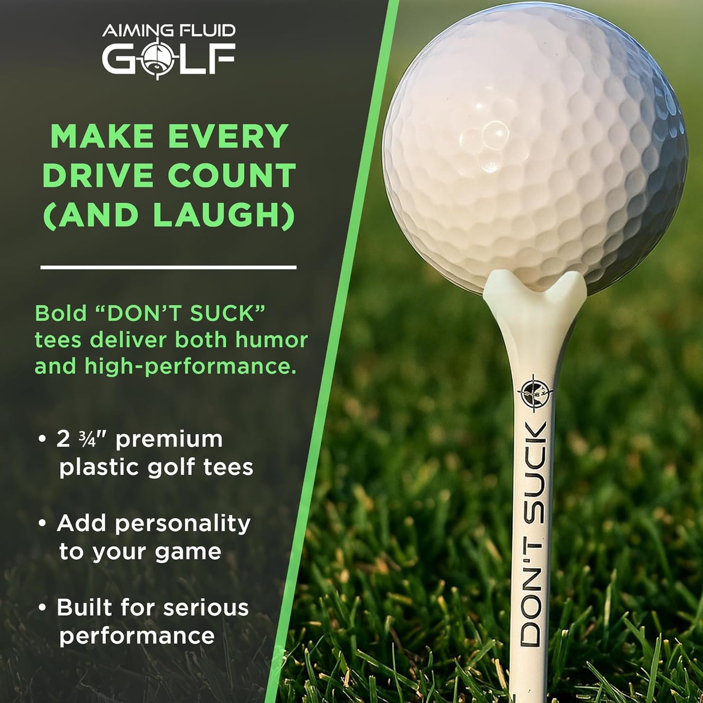Don't Suck Golf Tees 2 ¾” – 50 Pack Durable Plastic 4-Prong Funny Golf Tees with PureFlight Tech – Low Resistance for Straighter, Longer Drives