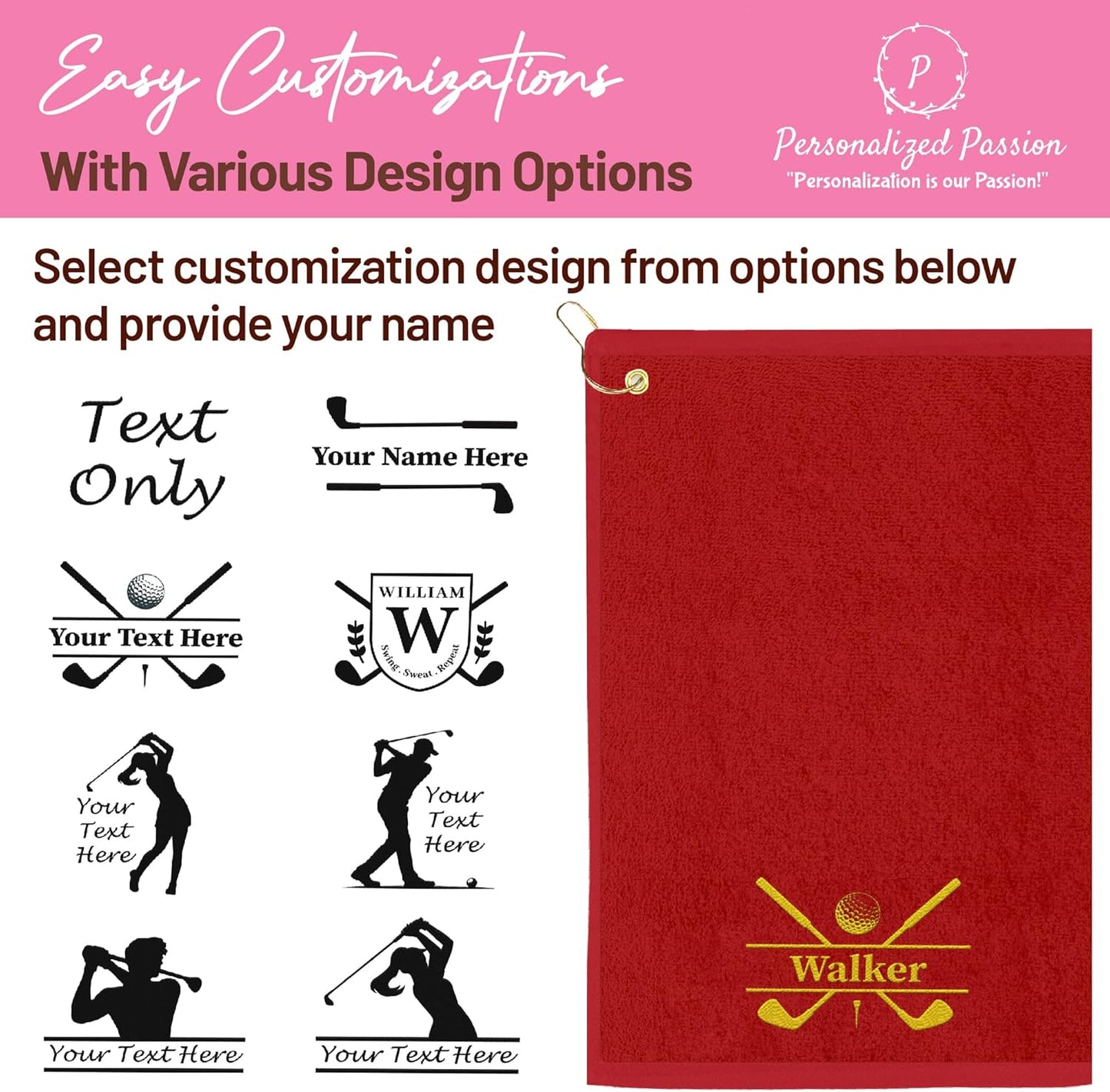 Personalized Passion Golf Towels with Corner Grommet - 16"x26" Customized Velour Cotton Golf Bag Towels with Name - Super Soft and Highly Absorbent - Quickly Remove Dirt and Sweat - Black