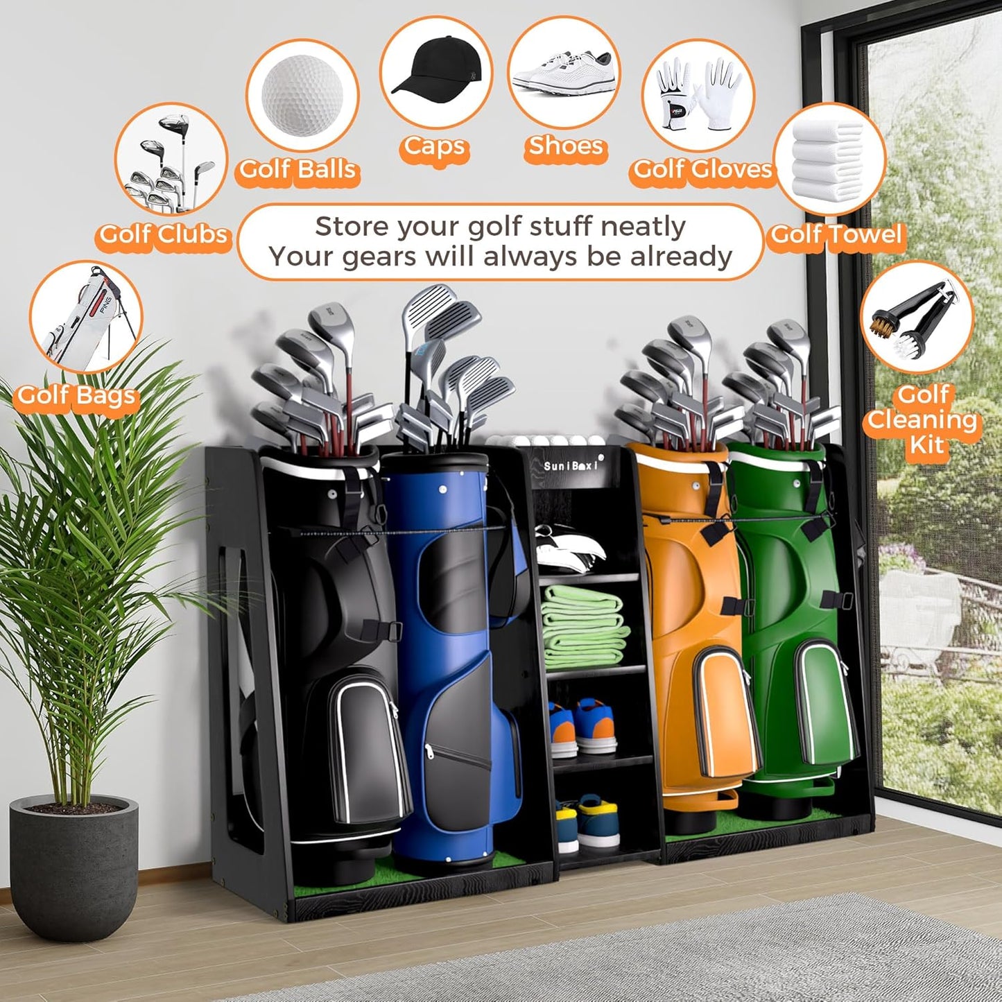 Wooden Golf Storage Organizer for Garage, Premium Golf Bag Holder Rack for Golfing Accessories, Great Gift for Golfers,Husband, Dad