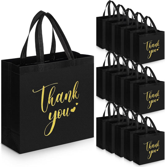 Sweetude 30 Pcs Thank You Gift Bags with Handles Bulk Reusable Goodie Bag Non Woven Foldable Handbag for Graduation Wedding Bridesmaid Gifts(11 x 12 x 5 Inch,Black)