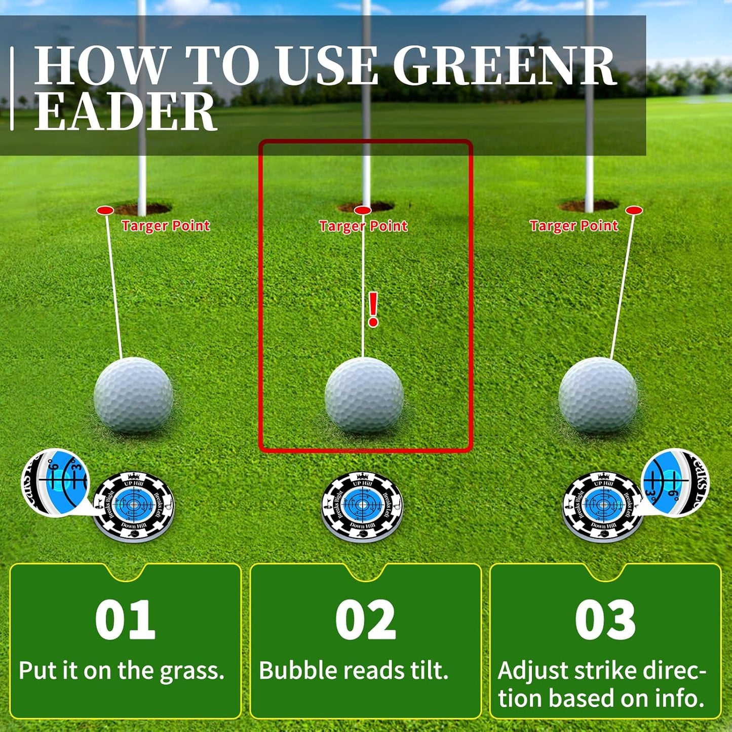 Golf Green Reader, 2 Pack Golf Ball Marker Hat Clip with High Precision Horizontal Bubble, Putting Training Aid Golf Accessories Tool Gift for Men Women