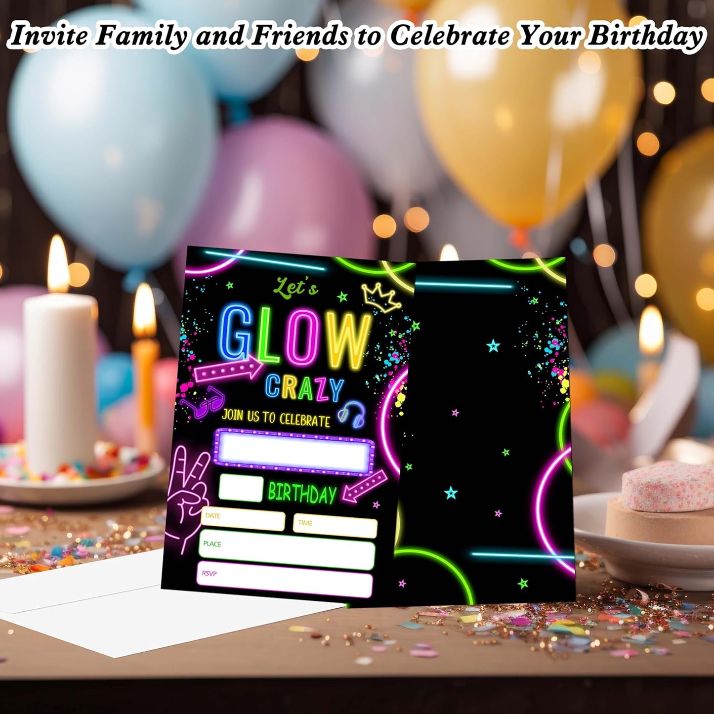 Let's Glow Crazy Birthday Invitations, 20 Invitation Cards with Envelopes, Retro Neon Theme Invites for Party Decorations Favor Supplies - A27