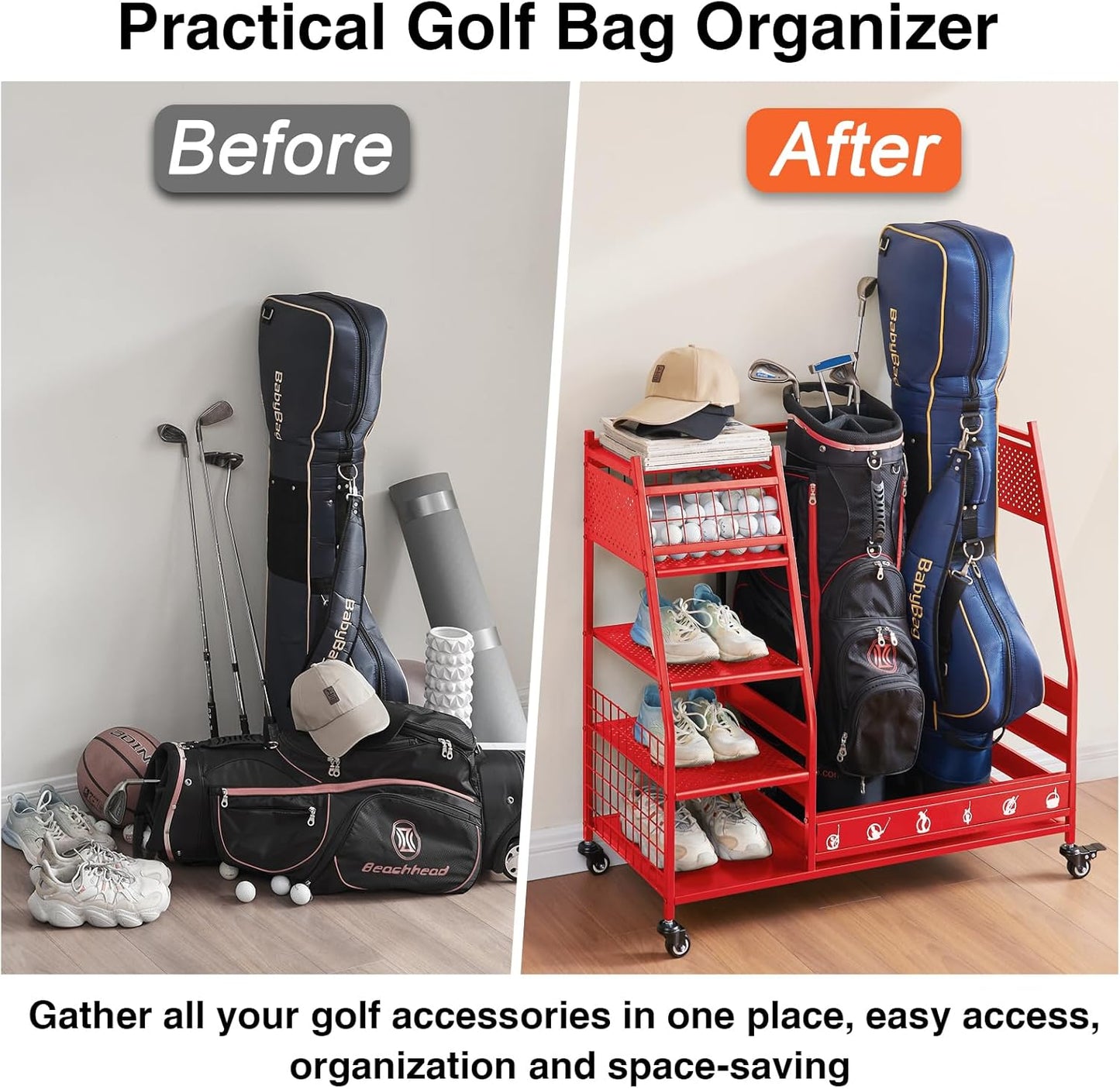 Lauren&Harold Golf Bag Organizer Garage Storage, Golf Storage Rack Stand Fits 2 Golf Bags, Golf Clubs and Other Golfing Equipment Accessories, Golf Organizer for Garage, Club, Shed, Basement