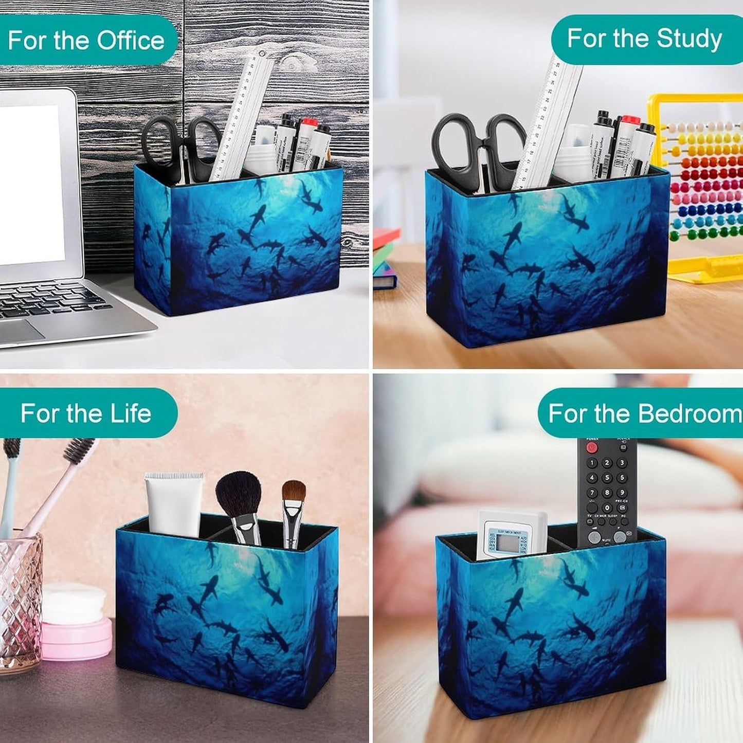 Pen Holder, Pencil Holder for Desk Organizer, Sea Ocean Animal Sharks PU Leather Pencil Cups Desktop Stationery Storage Makeup Brush Holder Pen Organizer for Office Home