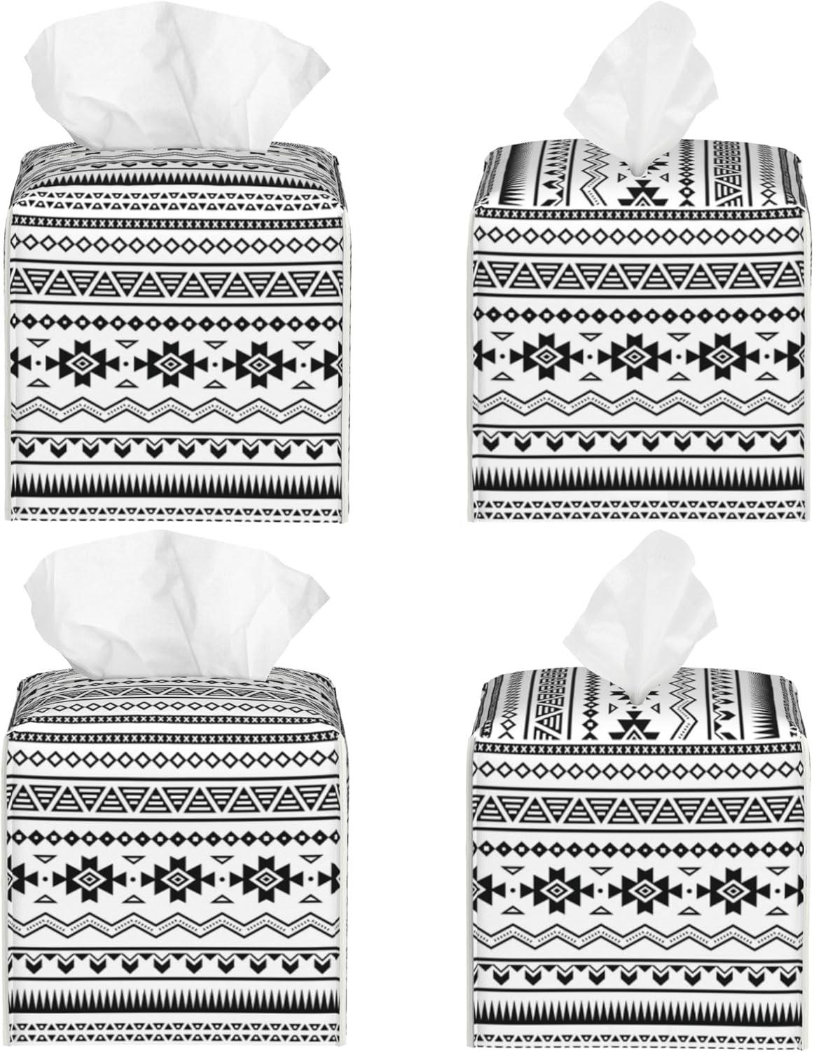 Boho Black White Geometric Tissue Box Cover Square,Abstract Tribal Symbol Tissue Box Holder Waterproof Leather Facial Paper Organizer Dispenser for Bathroom Home Car Nightstand Vanity Desk