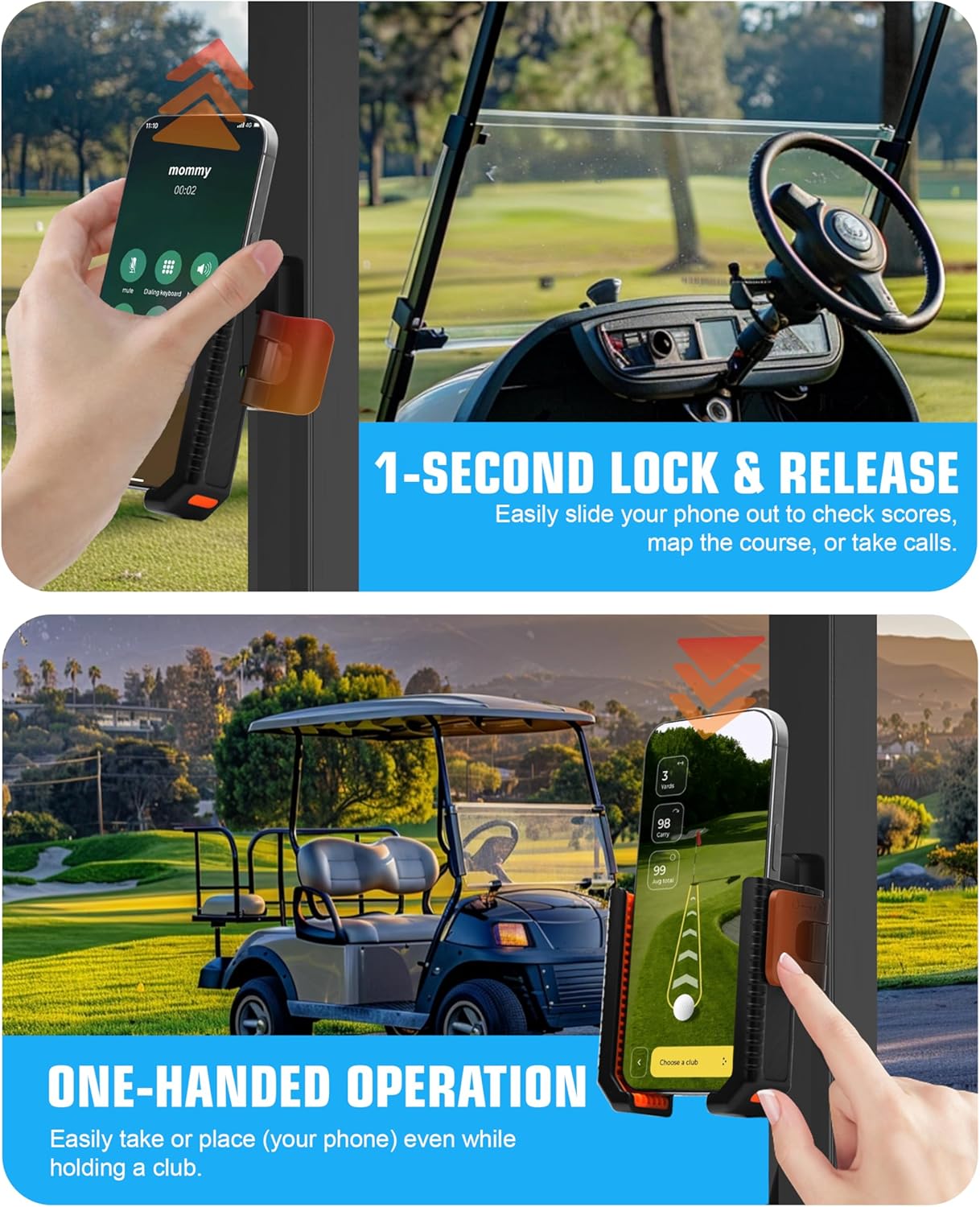 XEEP 2025 Magnetic Golf Cart Phone Holder 8pcs N52 Magnets, 360° Rotation, One-Touch Lock, Golf Phone Holder for Ezgo Club Car Yamaha, Golf Cart Cell Phone Holder for All 4.5-7" Smartphones
