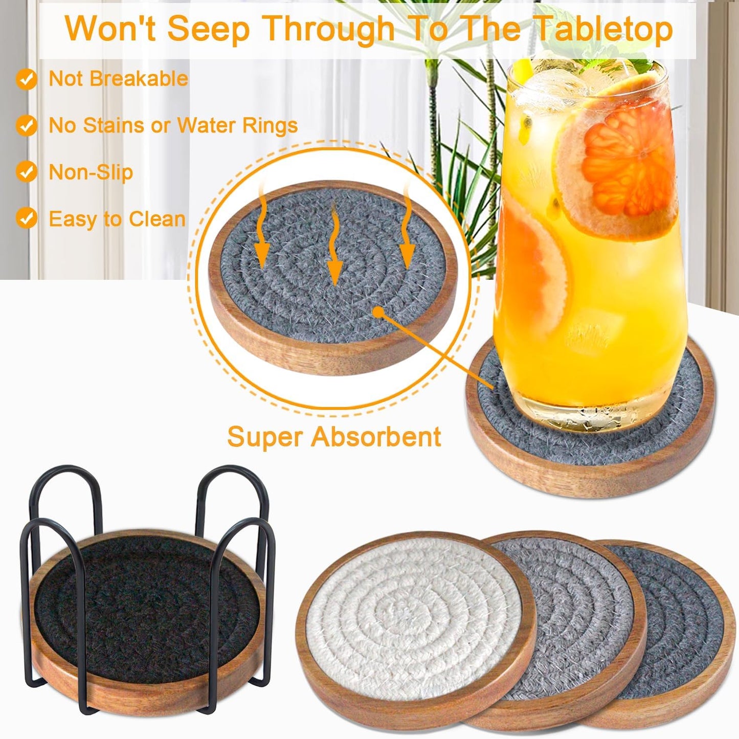 Coasters for Drinks Absorbent Sets of 5, Woven Coasters with Holder, Wood Coasters for Coffee Table, Housewarming Gift for Farmhouse Home Decor, 4 inches (Gray Series)