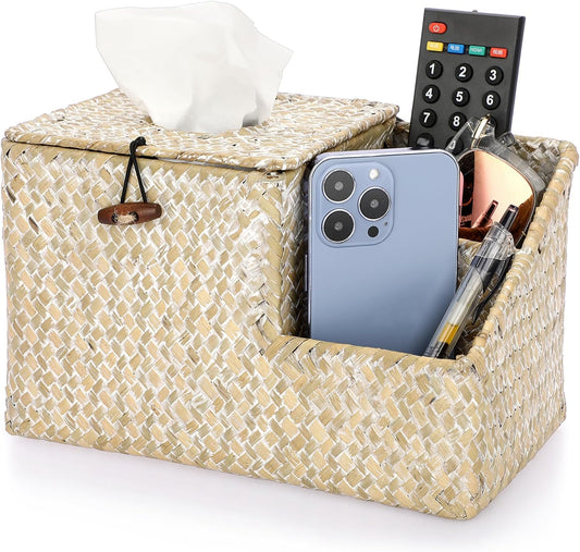 Sumnacon Tissue Box Cover-Square Woven Tissue Box Organizer for Desk Rustic Seagrass Tissue Box Holder with Side Organizer Decorative Cube Tissue Cover for Bathroom Home Office Table Counter Whitewash