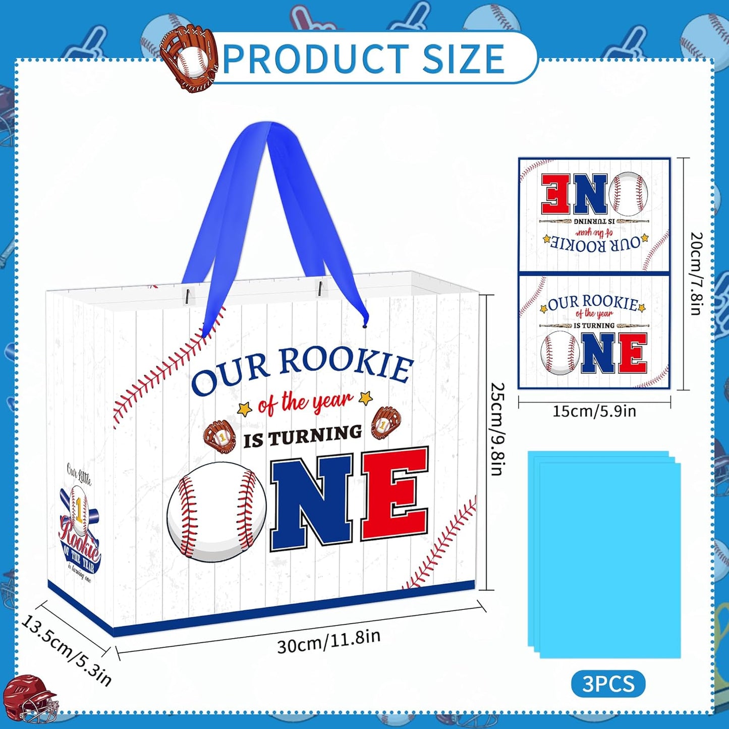 EoBeCy Baseball First Birthday Gift Bag with Tissue Paper and Greeting Card, Rookie of The Year Wrapping Paper, Large Sports Gift Bag for Boys Kids One Year Old Birthday Party Favors