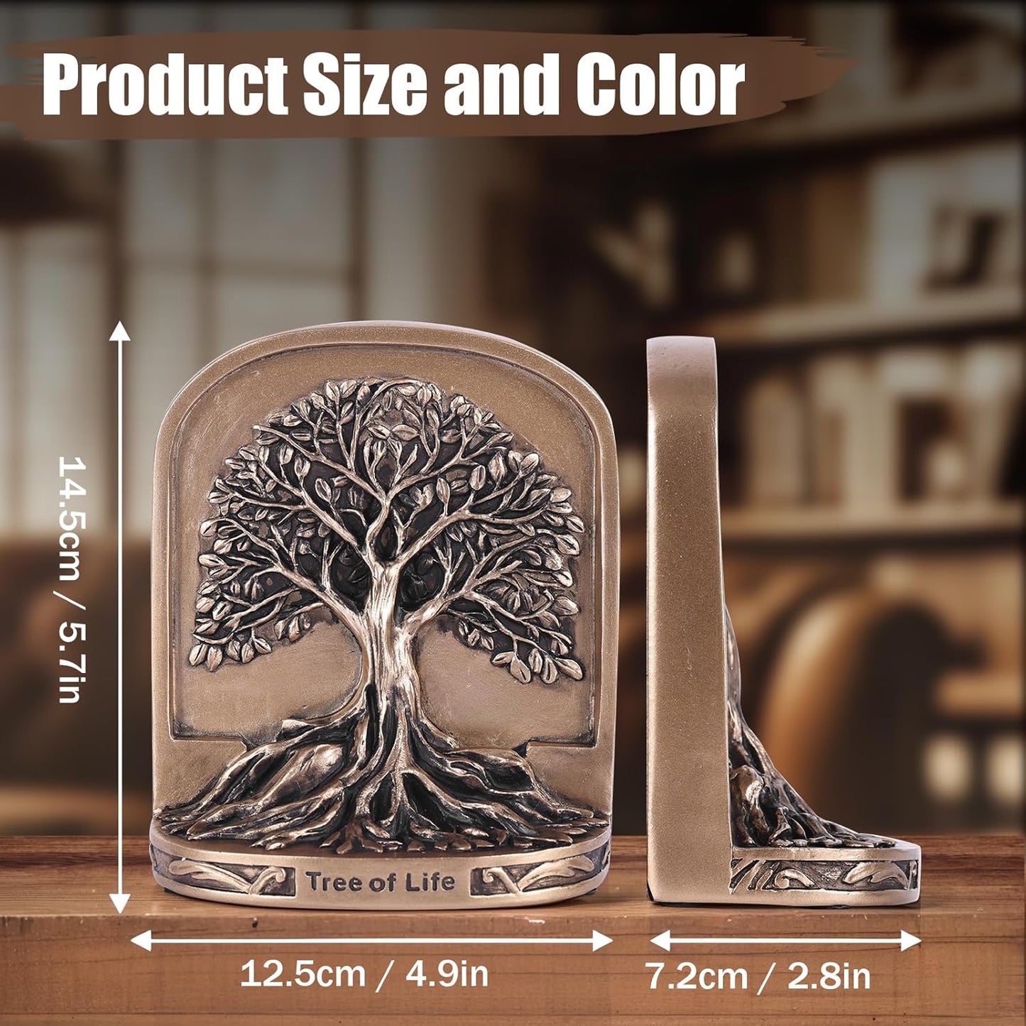 Antique Bronze Color Tree of Life Bookends Set, 2 Non-Skid Heavy Bookends for Shelves or Bookcase, Decorative Bookends for Desktop Shelf Decor, Library Office Decor, Home Décor Gift