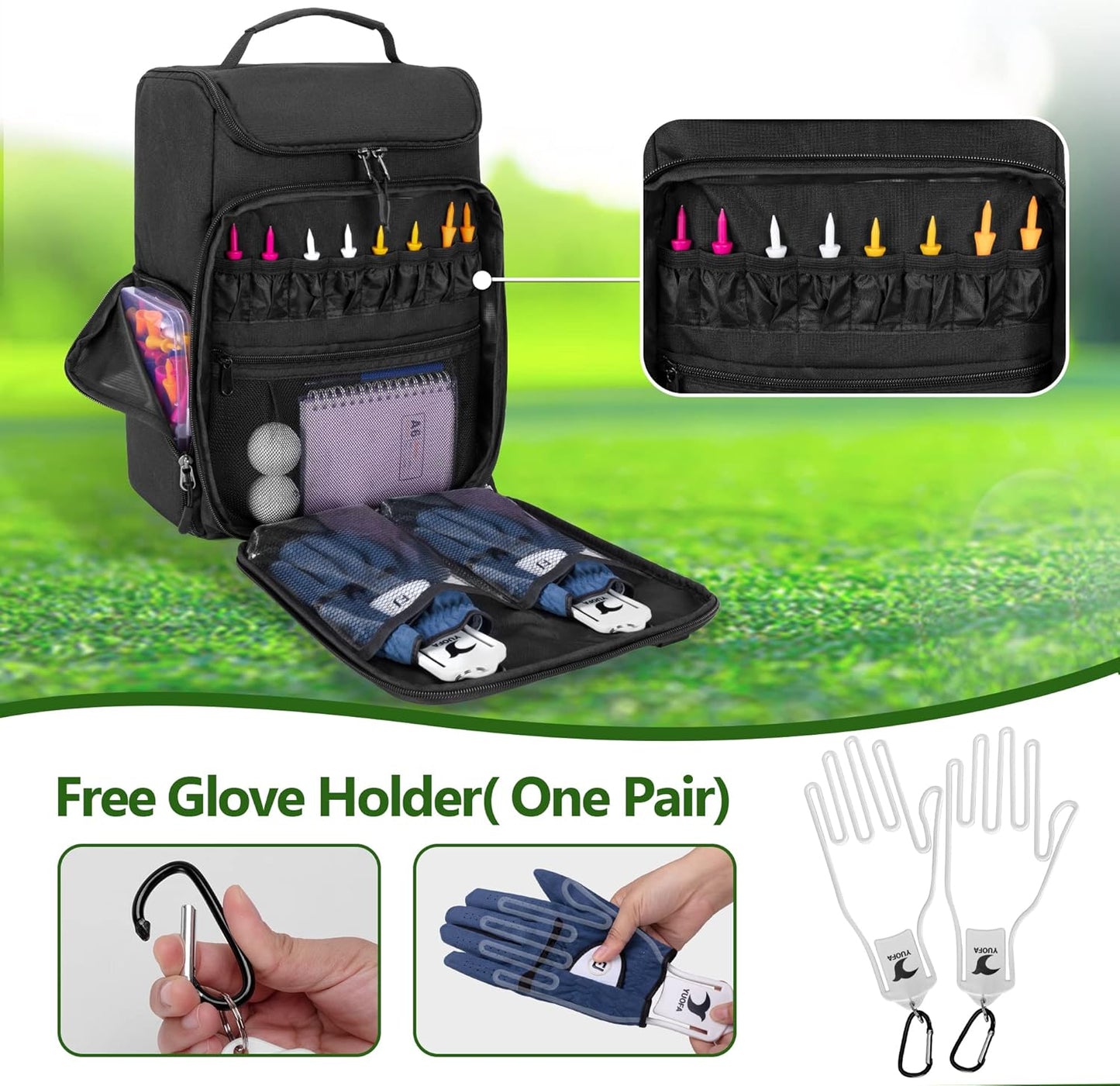 Golf Shoe Bag Holds A Pair of Shoes US Mens 14, Golf Shoe Carrier with Free Gloves Holders (A Pair), Front and Side Accessory Pockets for Tees, Gloves and Ball, Black