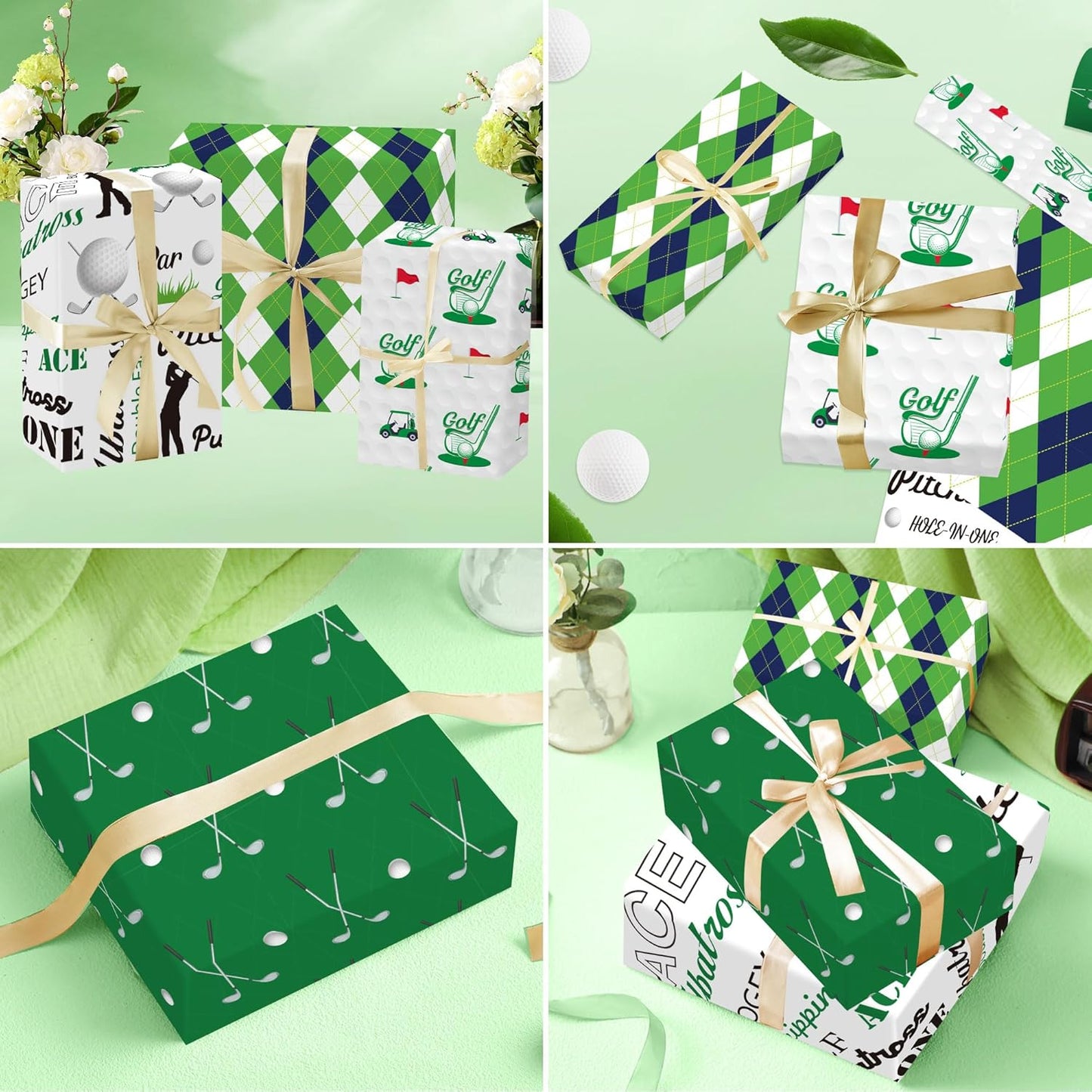 EoBeCy Golf Wrapping Paper for Men Boys, 12 Sheets Golf Gift Wrap with Golf Clubs, Balls, Carts, and Green Argyle Designs, Sports Wrapping Paper for Birthday Retirement (20 x 28 Inches Per Sheet)