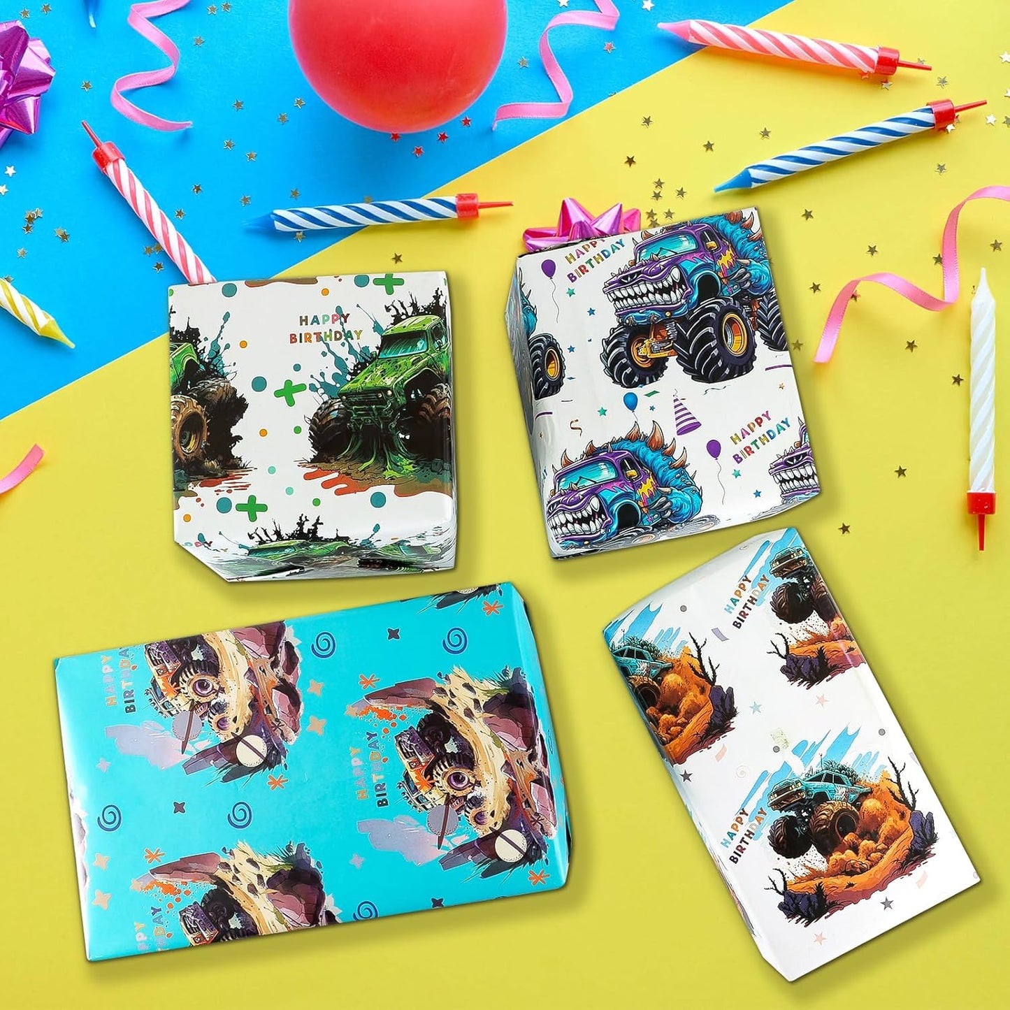 Vnaaem Monster Truck Birthday Wrapping Paper 8 Pc Happy Birthday Gift Wrap Racing Car Art Paper Folded Flat for Boys Kids Baby Shower Holiday 19.6 X27.8Inch
