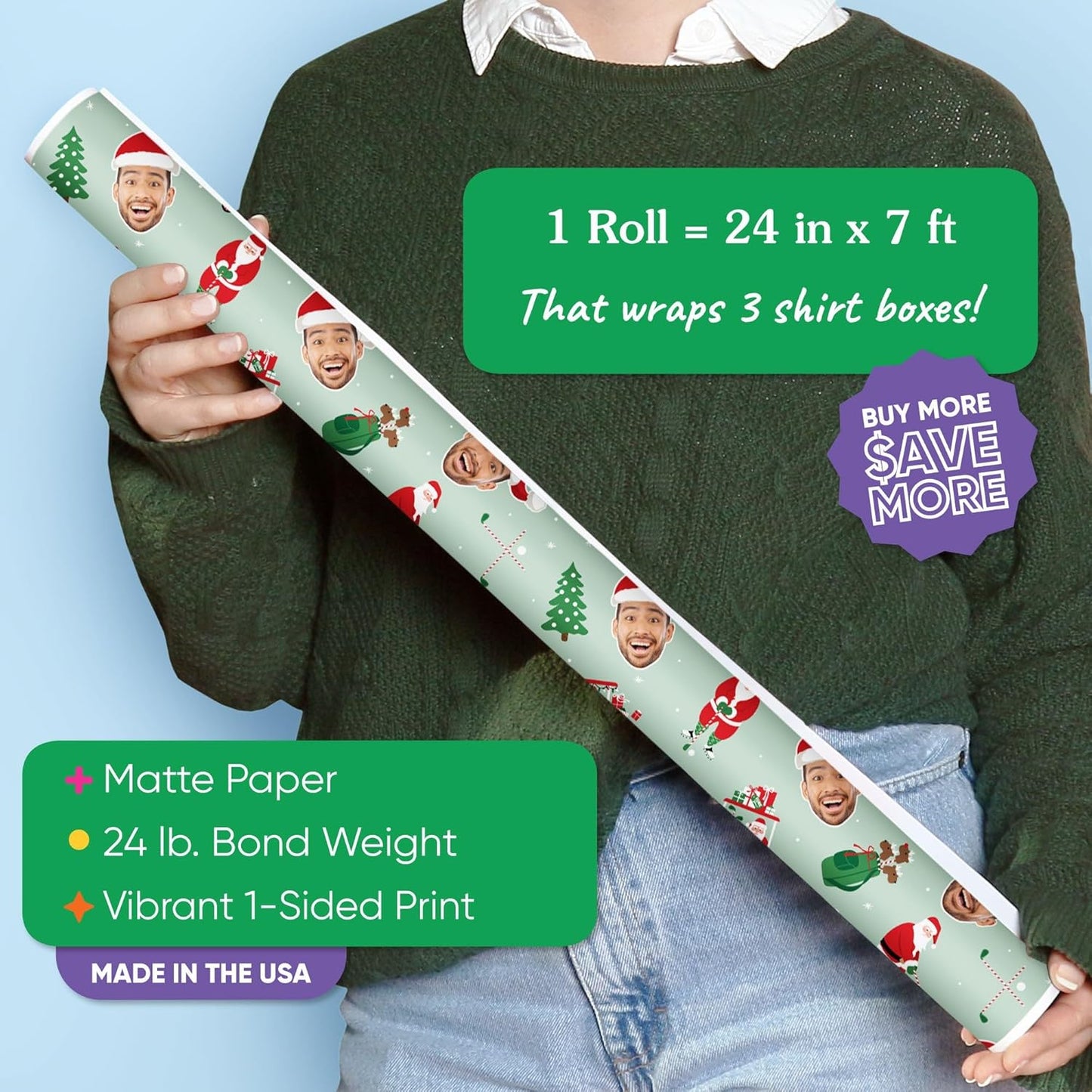 Big Dot of Happiness Custom Photo Golfing Santa Wrapping Paper, Personalized Golf Christmas Holiday Gift Wrap Roll, Funny Santa Hat Fun Face Christmas Gift Paper, 24 in x 7 feet, 1 Roll