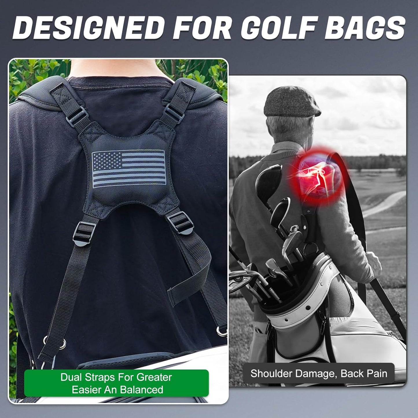 Golf Bag Straps, Universal Replacement Double Shoulder Shoulder Straps, Sailcloth Golf Bag Carry Strap USA Flag