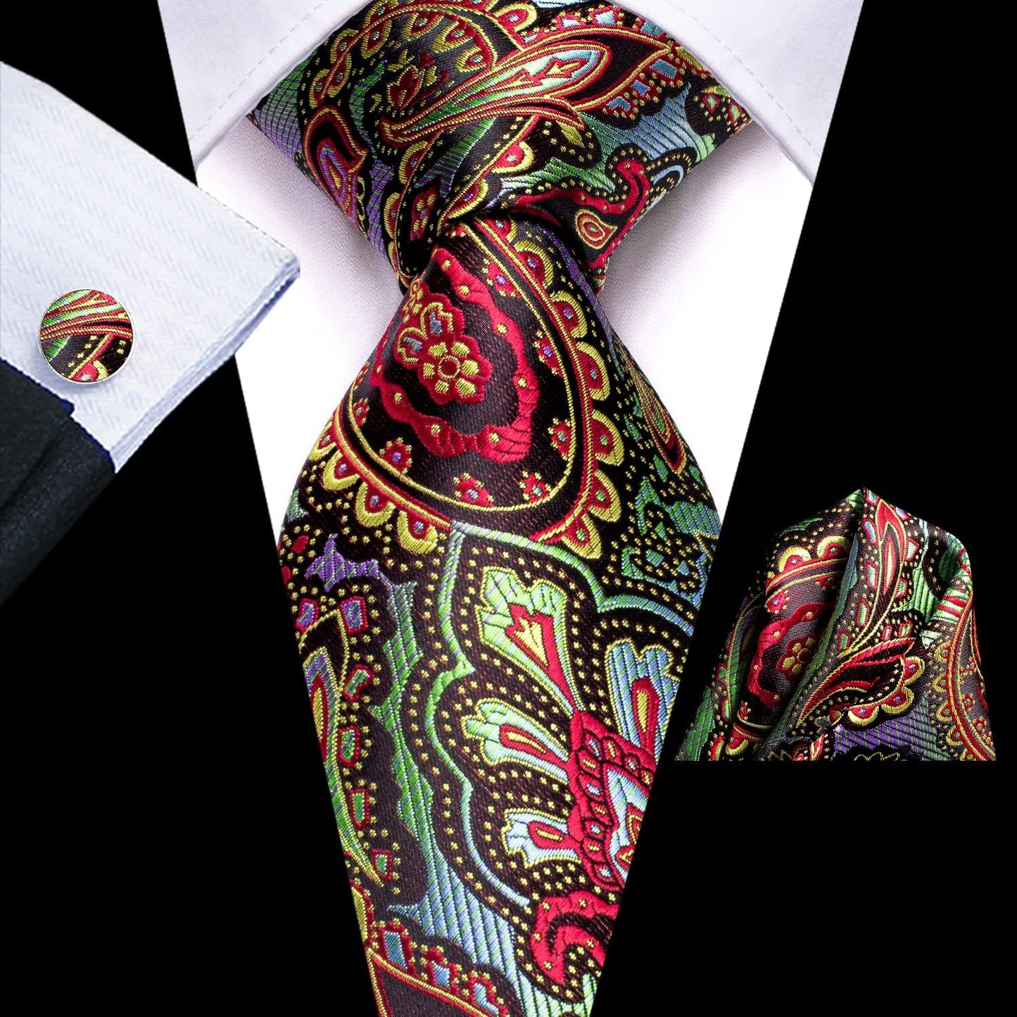 Dubulle Mens Paisley Striped Tie WOVEN Necktie for Men and Handkerchief Cufflinks Set Wedding Formal Business