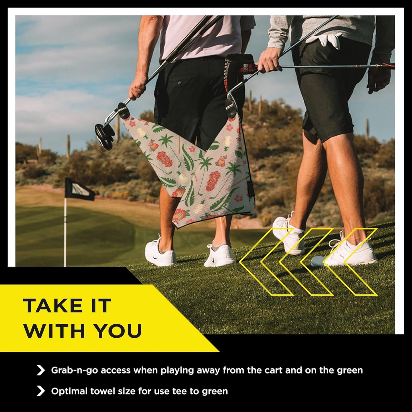 STICKIT Magnetic Sandy Tiki Golf Towel | Top-Tier Microfiber Golf Towel with Deep Waffle Pockets | Industrial Strength Magnet for Strong Hold to Golf Carts or Clubs