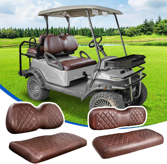 NOKINS 4PCS Golf Cart Seat Covers Kit, Front and Rear Seat Covers Fits Club Car Precedent Standard Seat Cushion, Club Car Vinyl Seat Covers Accessories, No Staples (Brown Brown 8438)