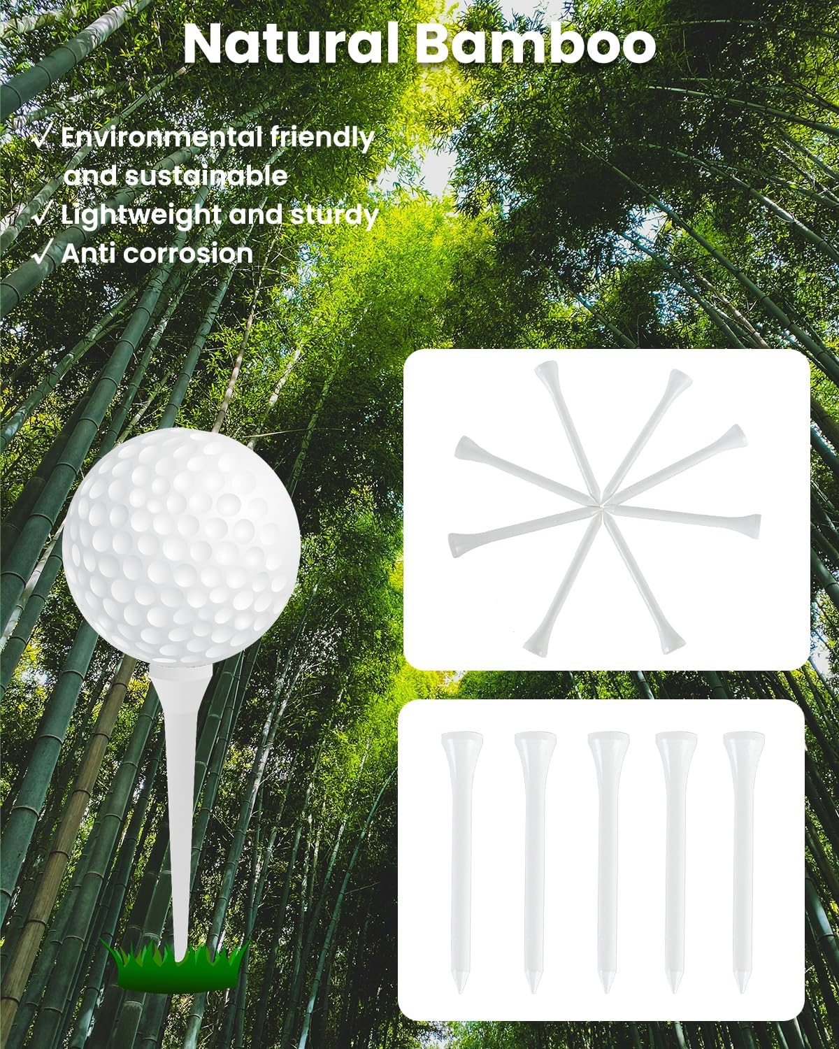Bamboo Golf Tees 1000 PCS, 2-3/4 inch(70mm) & 3-1/4 inch (83mm) Length, Stronger Than Wood Tees