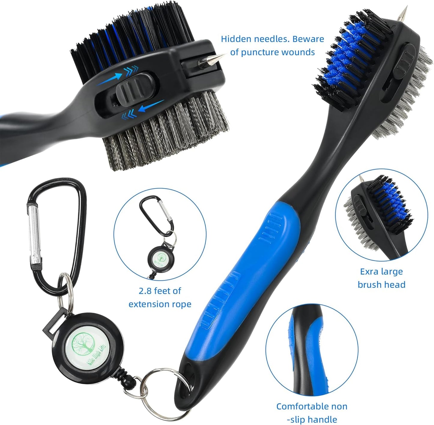 Mile High Life Golf Club Brush, Club Groove Cleaner with 2 Ft Retractable Extension Cord and Aluminum Carabiner, Golf Bag Accessories for Men and Women