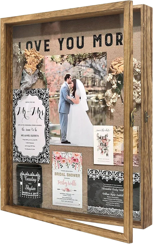 GraduatePro Shadow Box Frame 16x20 Display Case with Linen Back, Real Glass Window Door with Hinge, Picture Frame Wedding Bouquet Memorabilia Medals Photos Memory Box for Keepsakes, Carbonized Brown