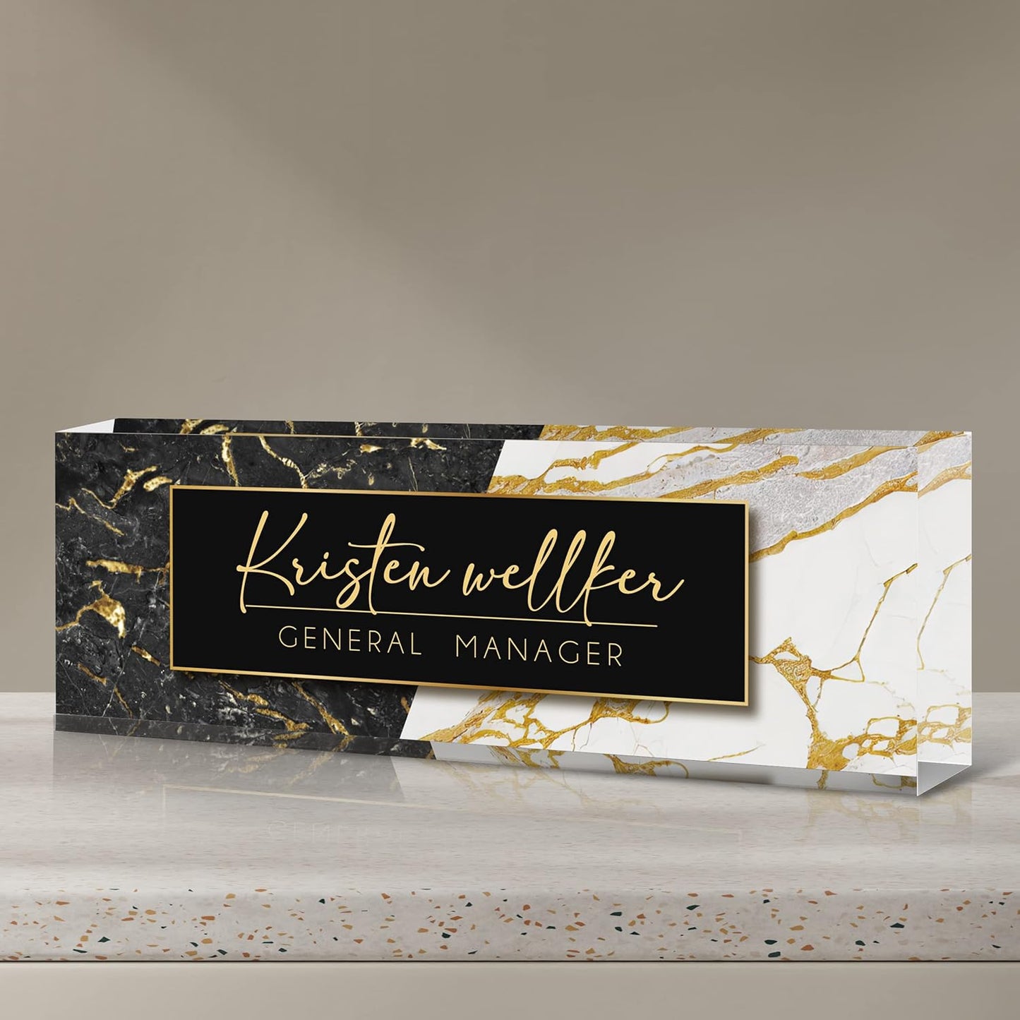 Personalized Name Plate for Desk Custom Acrylic Desk Name Plate Custom Employee Appreciation Gifts Office Gifts for Women, Men, Boss, Coworkers, Teacher, Nurse (A-Black & White Marble)