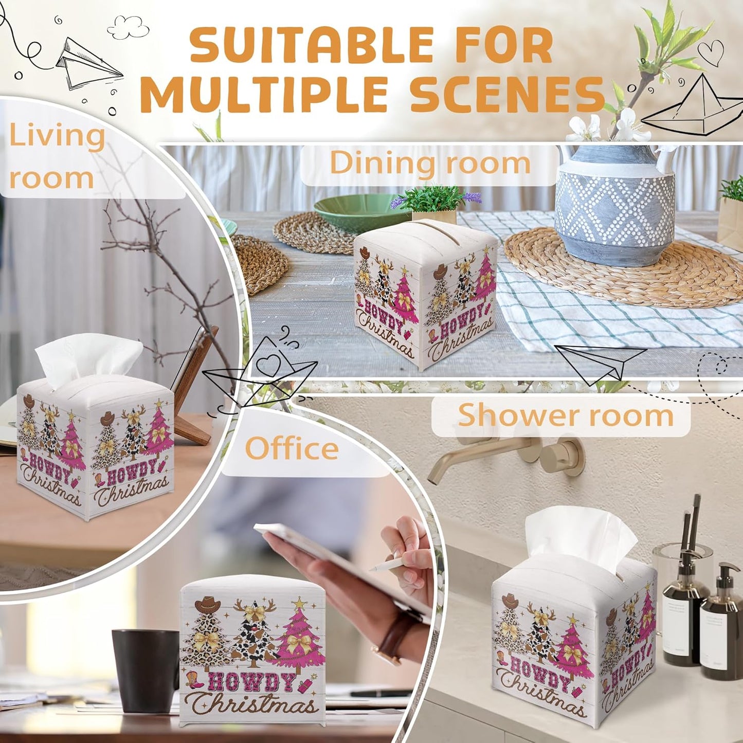 Christmas Tissue Box Holder, Pink Western Cowboy Christmas Trees Leather Tissue Box Cover Square, Coquette Xmas Bow Paper Facial Decorative Tissues Cover for Bathroom Office Home Decor-B04