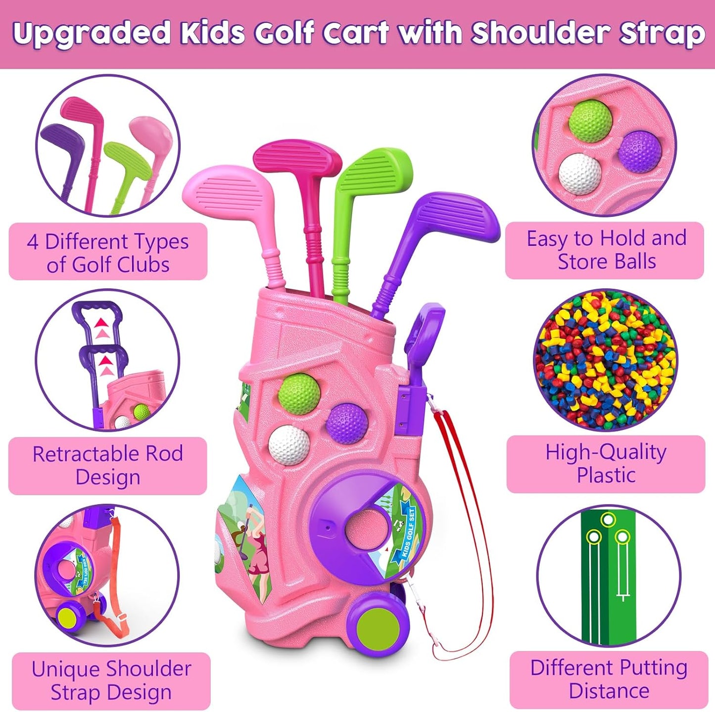 Letapapa Toddler Golf Set with Putting Mat, 4 Clubs, 8 Balls, 2 Practice Holes for Kids 3-5 Years Old, Indoor Outdoor Sports Toys with Shoulder Strap, 20 Pieces