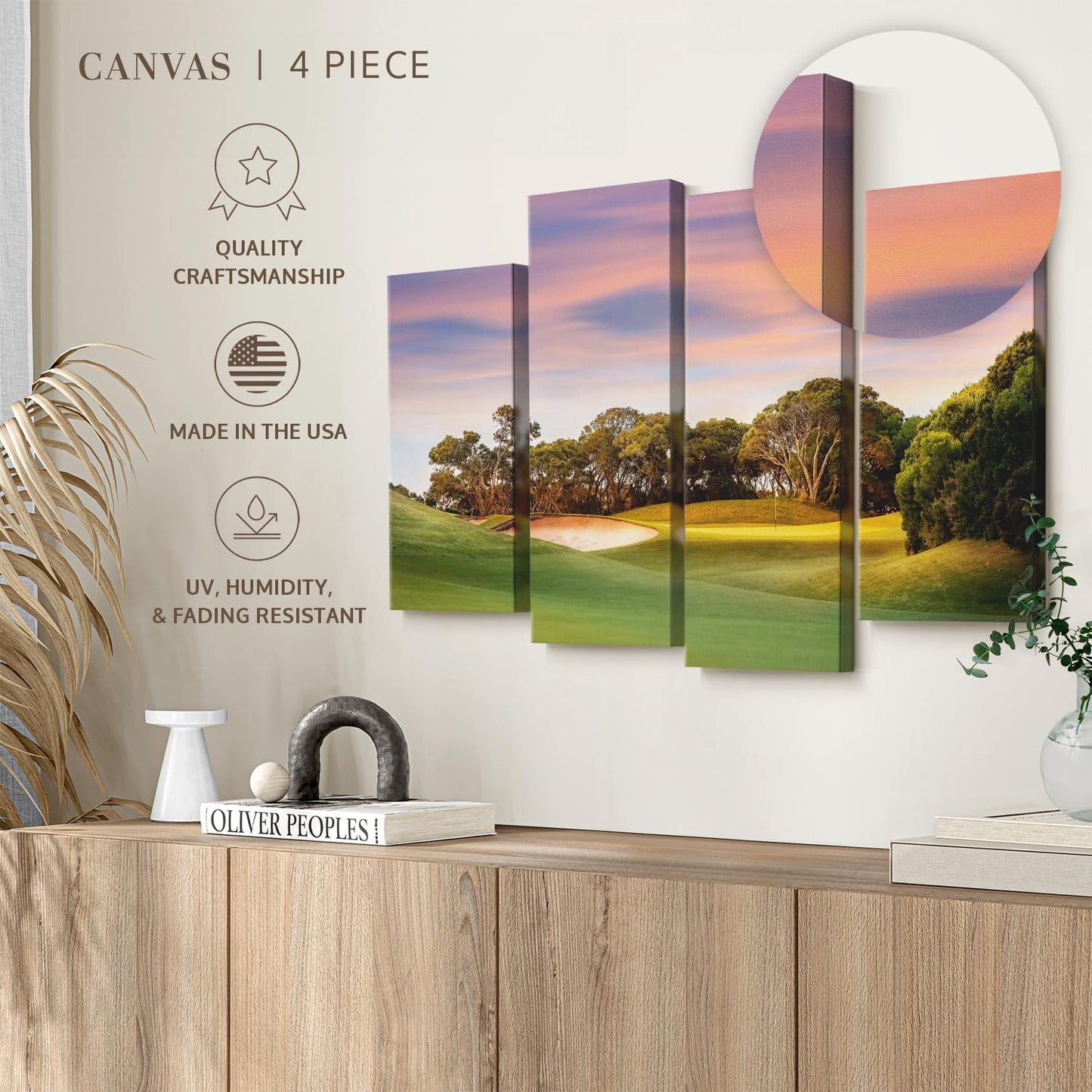ElephantStock Golf Course Sundown Wall Art - Horizontal Canvas - 4-Piece Living Room Wall Decor - Photography Sports Canvas Print - Orange and Blue Decor for Wall - 24" X 14"