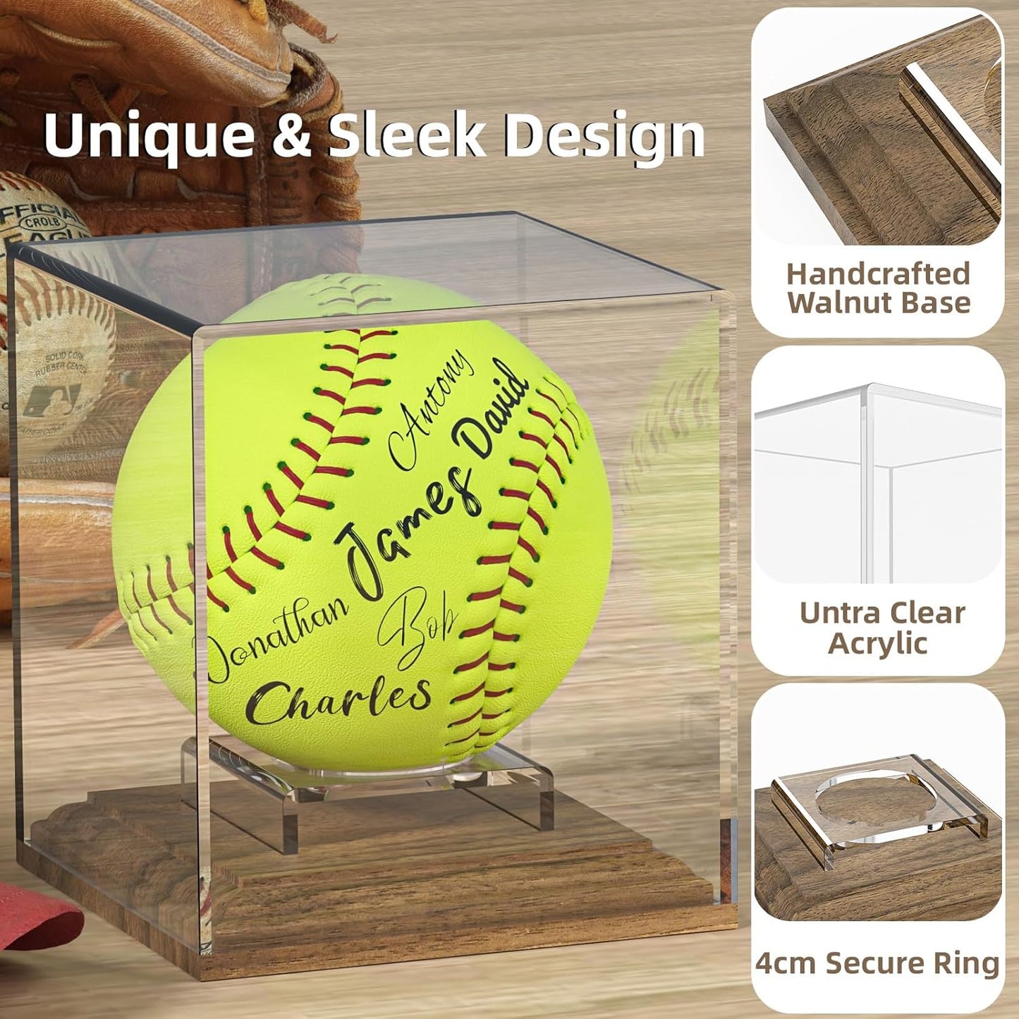 Softball Display Case Walnut Wood Base Acrylic Softball Case Display Softball Holder Stand Cube Memorabilia Showcase Autograph Ball Protector for Official Size Ball Display