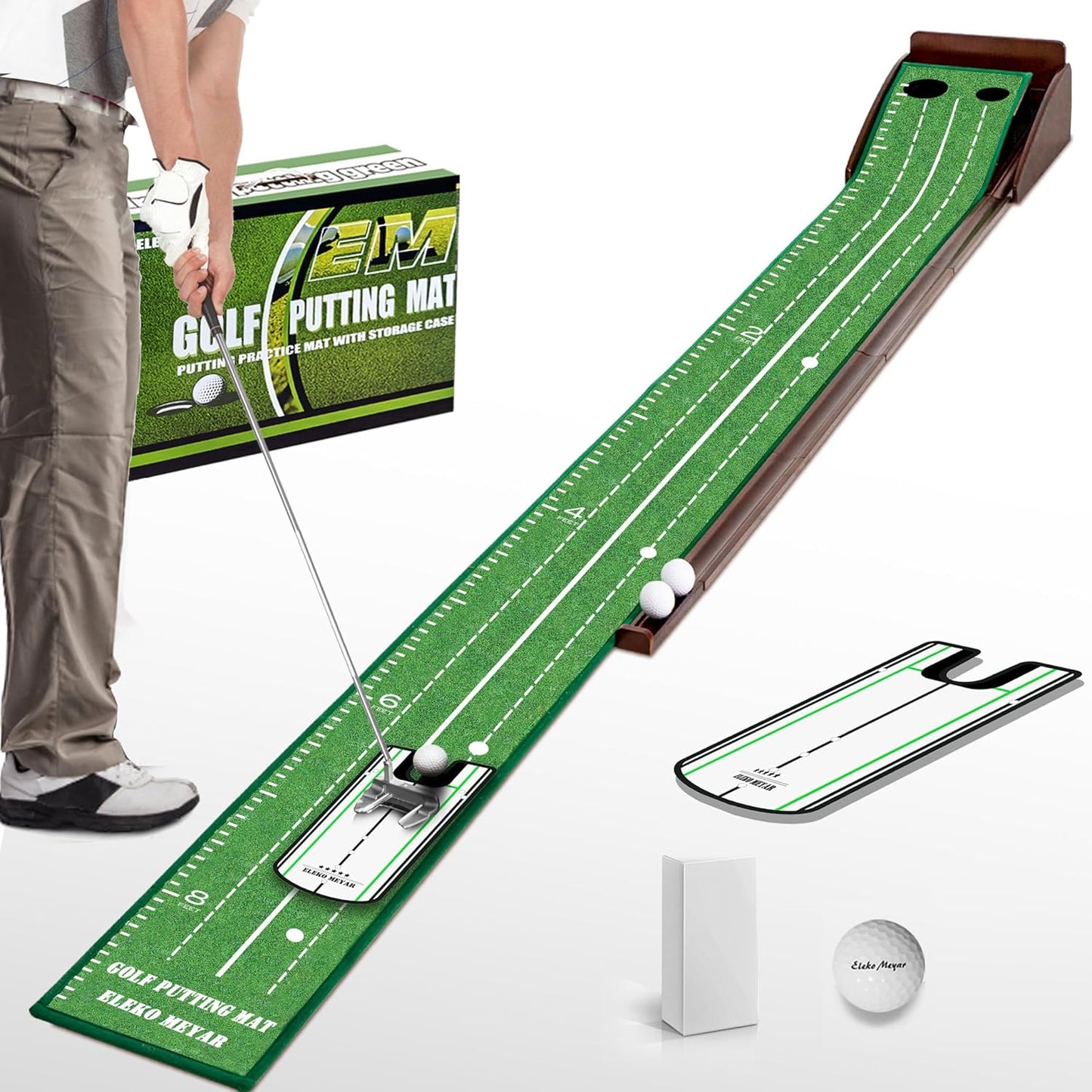 Putting Green Portable Indoor Putting mat，Includes Putting Practice Ball, Wrinkle-Free Mat, and Solid Wood Construction,Office, Living Room, Golf Gift